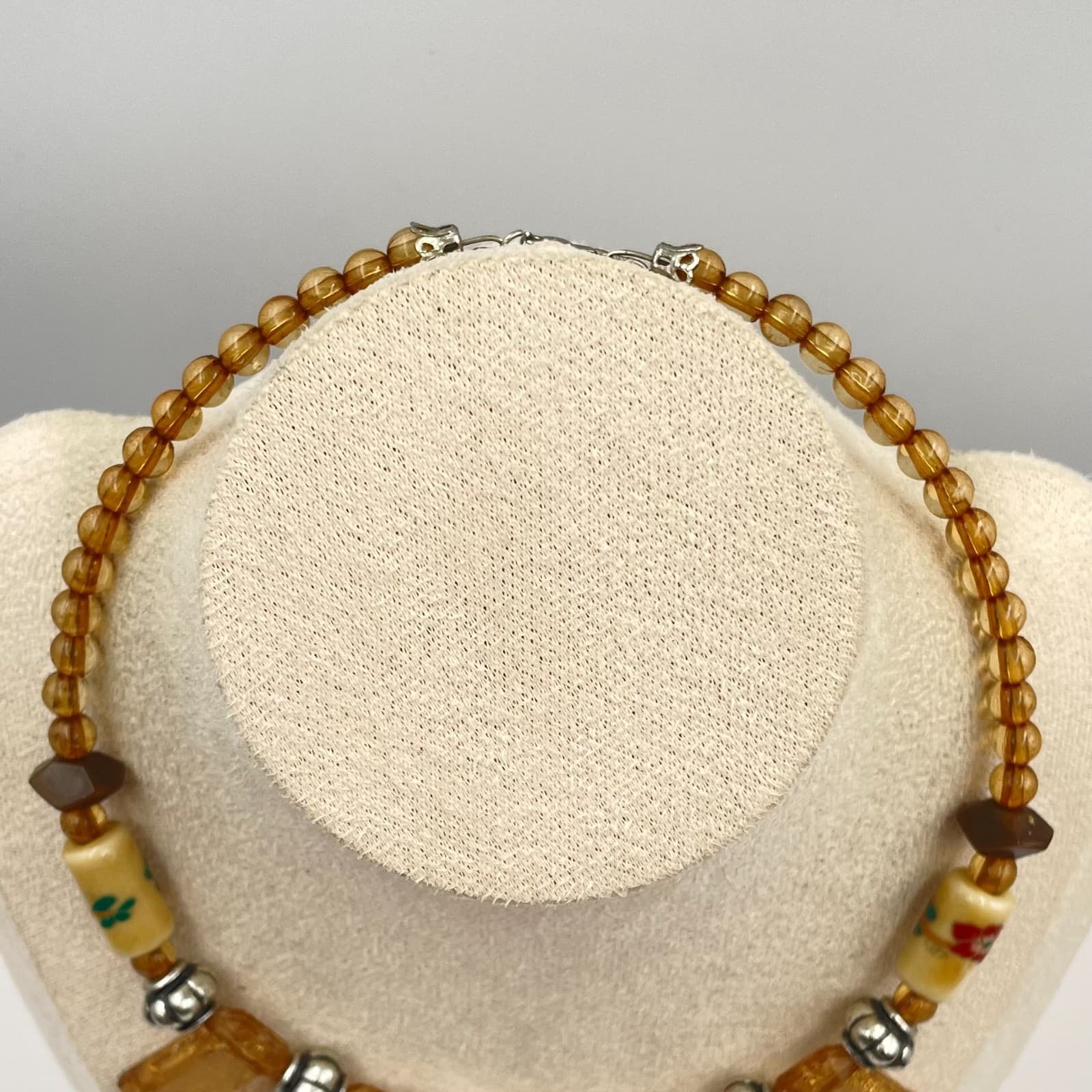 Vintage Statement Necklace Honey Crackle Glass Hand Painted Floral Beads Artisan - Thumbnail 2