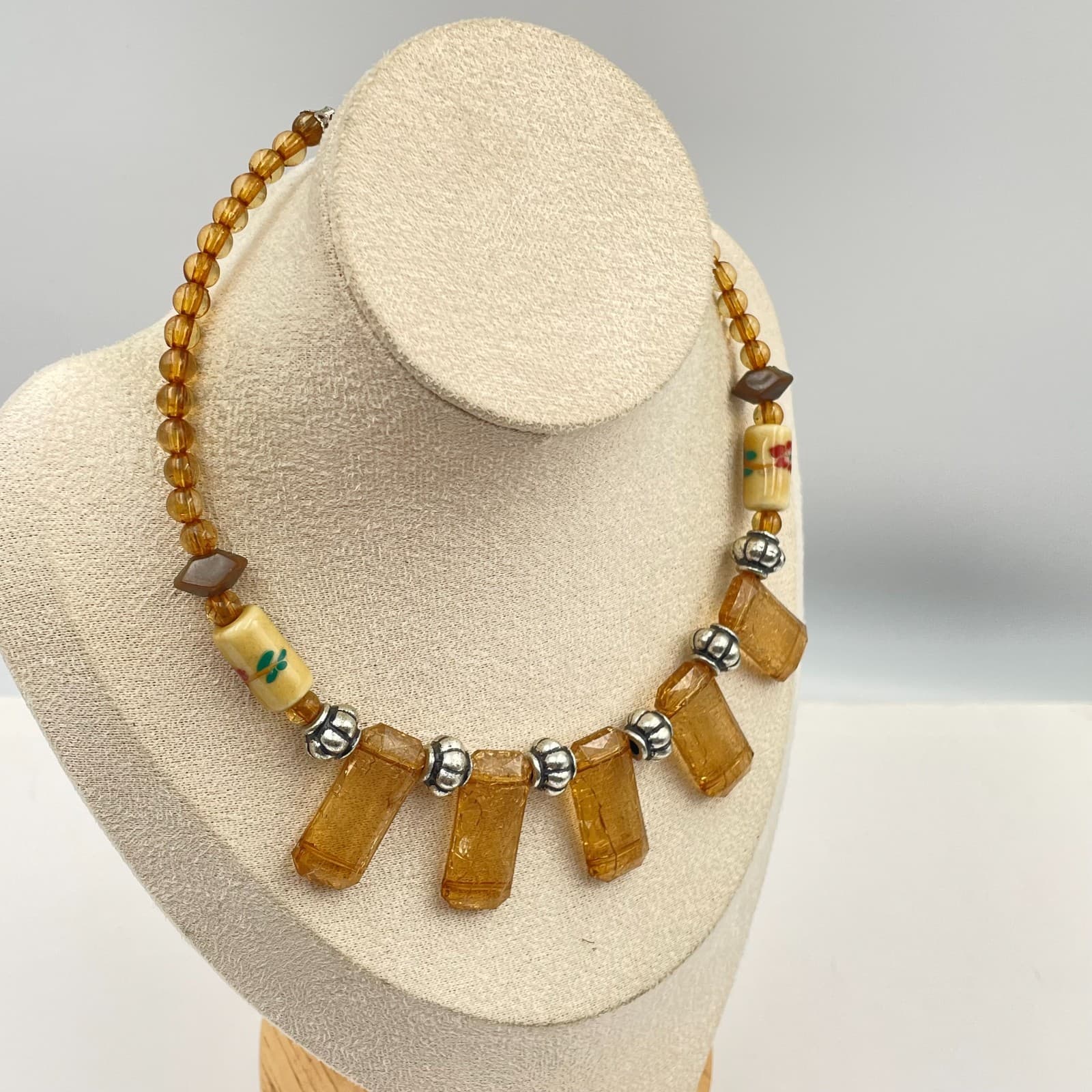 Vintage Statement Necklace Honey Crackle Glass Hand Painted Floral Beads Artisan - Thumbnail 5