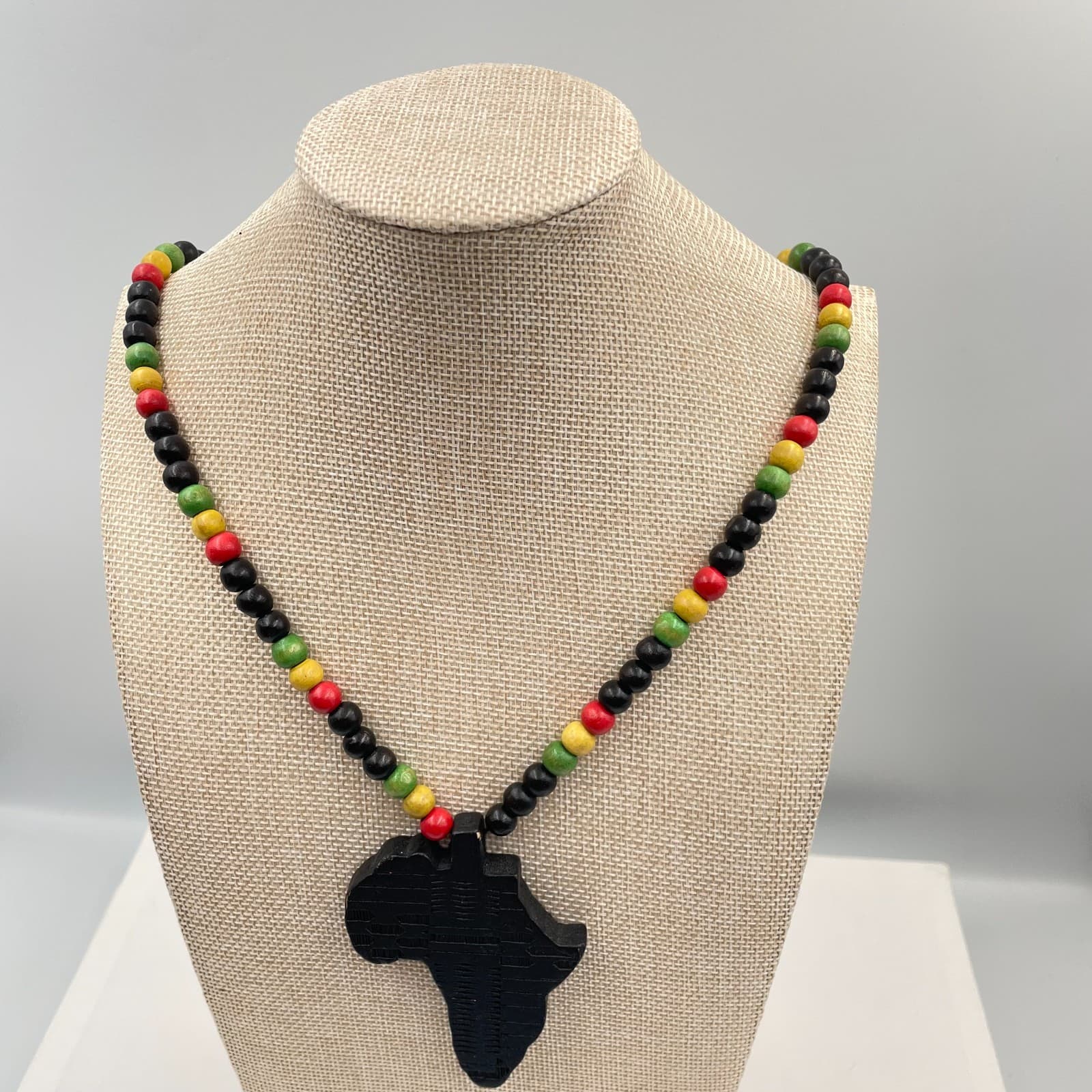 Vintage African Map Pendant Wood Bead Necklace Pan-African Rasta Multicolor - Thumbnail 2