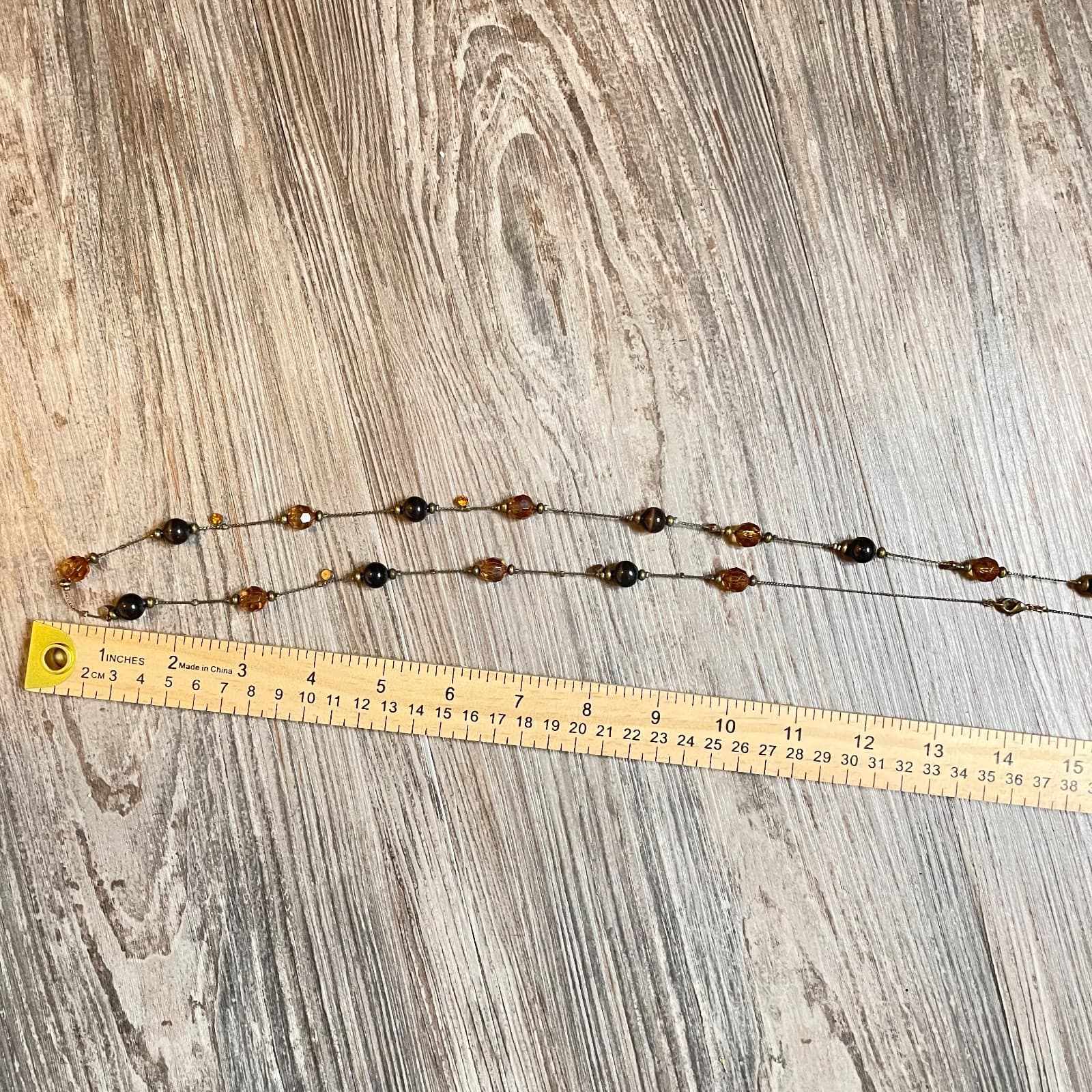 Vtg Long Amber Brown Crystal Beaded Station Necklace Bronze Tone Layering Boho - Thumbnail 8