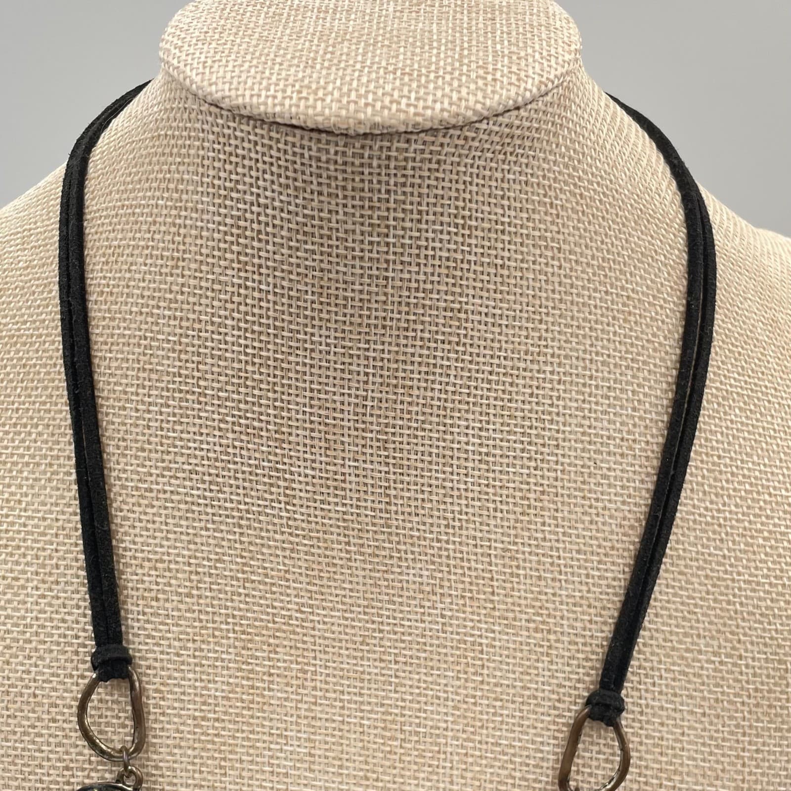 Vintage Boho Statement Necklace Mixed Metal Black Enamel Rhinestone Suede Cord - Thumbnail 4