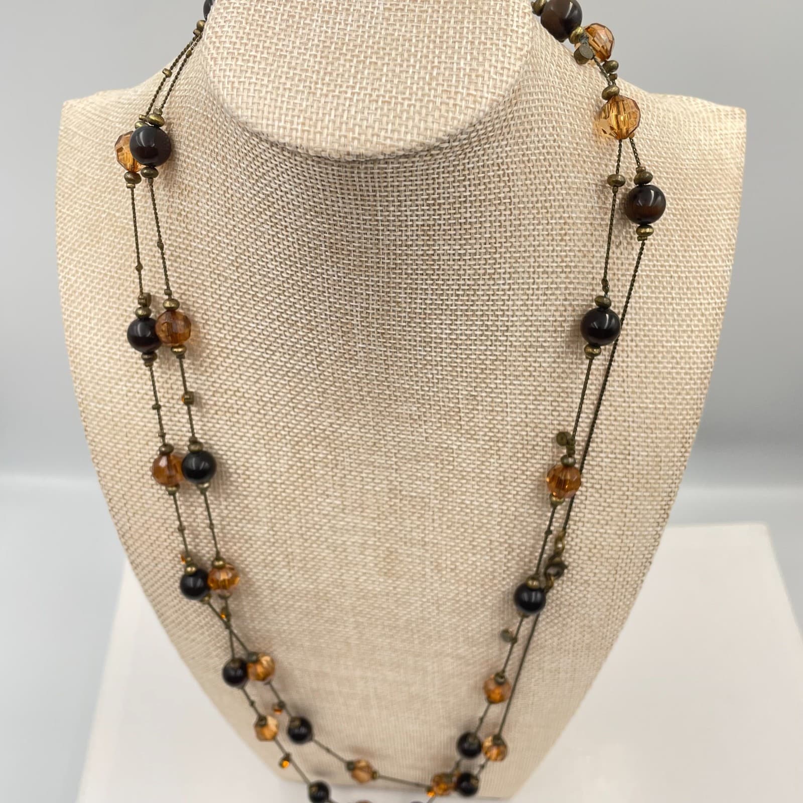 Vtg Long Amber Brown Crystal Beaded Station Necklace Bronze Tone Layering Boho - Thumbnail 2