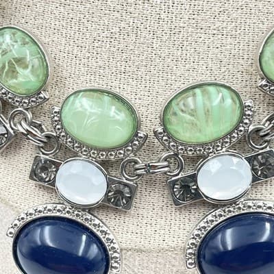 Necklace Vintage New York Silver Tone Blue Green White Cabochon Statement Bib - Thumbnail 3