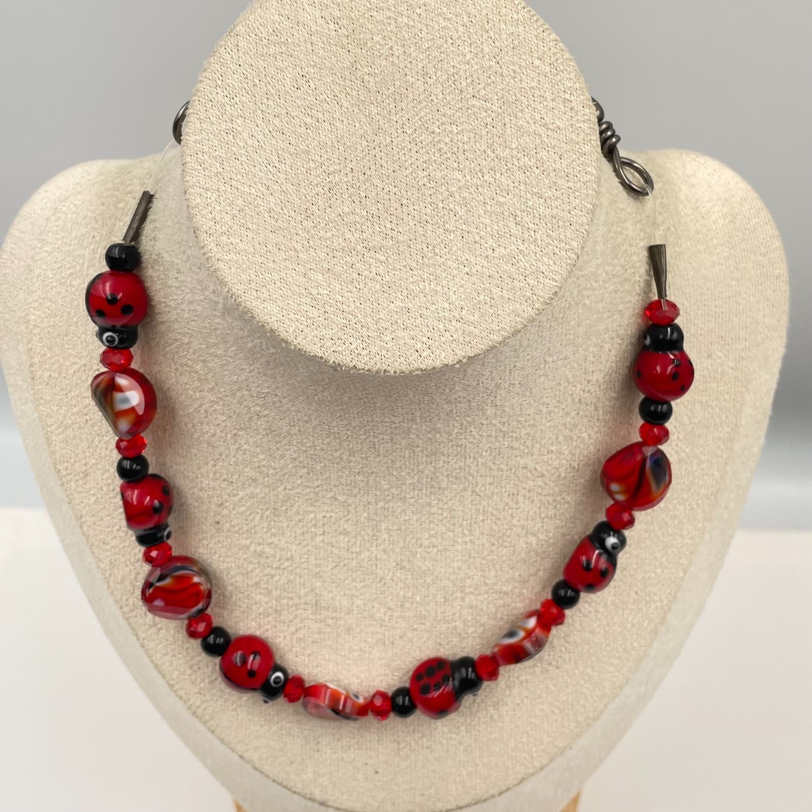 Vintage Art Glass Ladybug Necklace Lampwork Red Black Bead Choker Whimsical