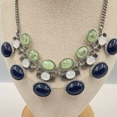 Necklace Vintage New York Silver Tone Blue Green White Cabochon Statement Bib - Thumbnail 2
