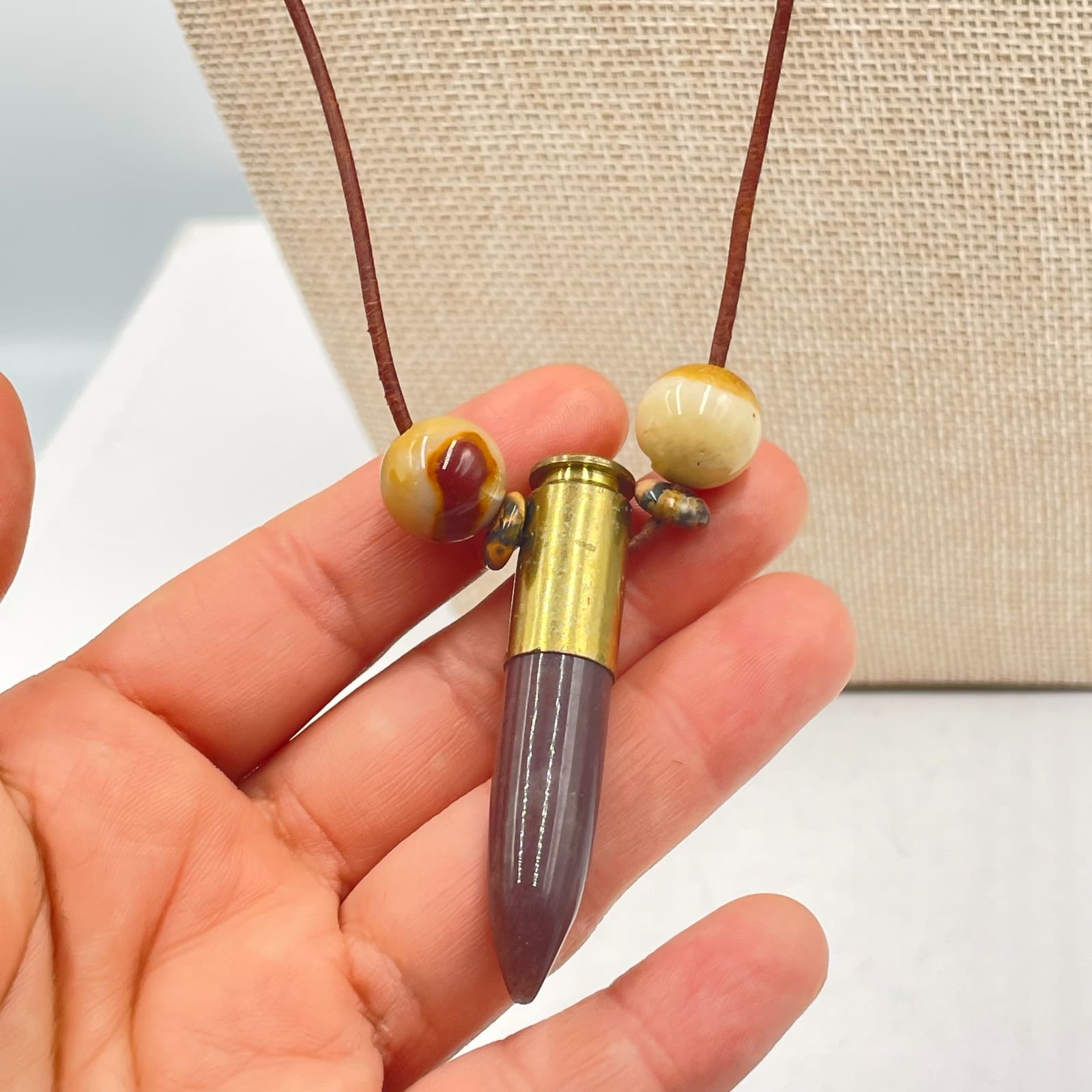 VTG Federal S&W Bullet Casing Pendant Necklace Jasper Stone Bead Leather Toggle - Thumbnail 5