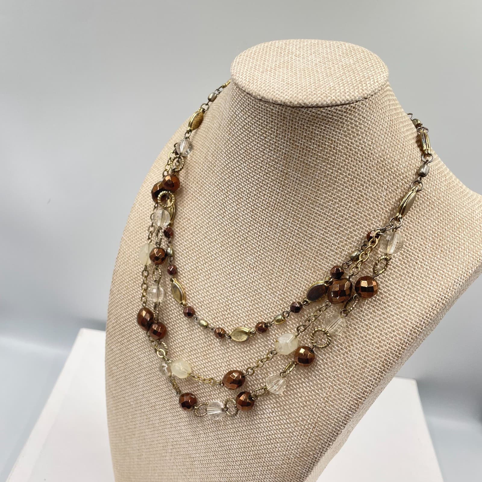 VTG Multi Strand Layered Statement Necklace Bronze Gold Tone Beaded Cluster 20" - Thumbnail 6