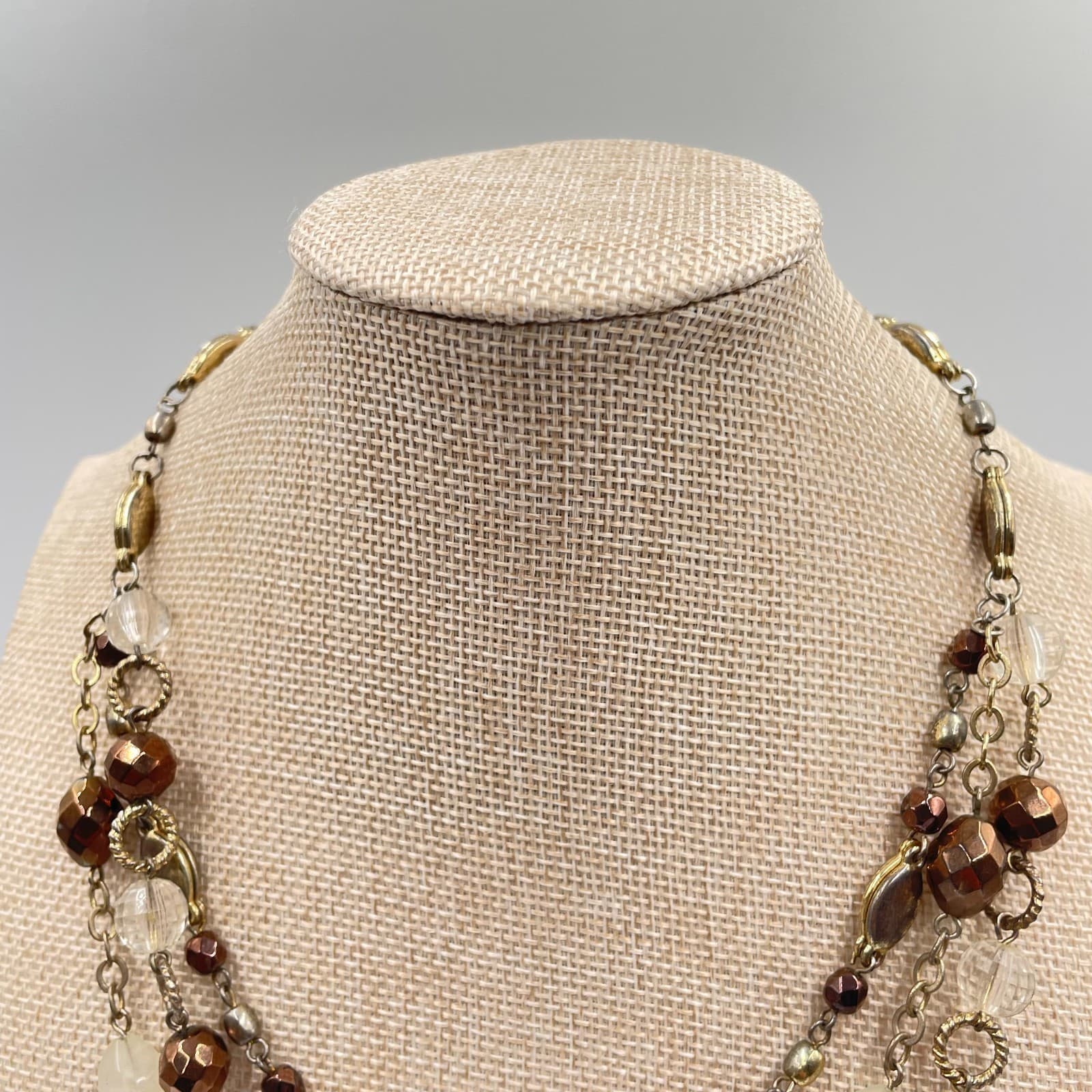 VTG Multi Strand Layered Statement Necklace Bronze Gold Tone Beaded Cluster 20" - Thumbnail 2