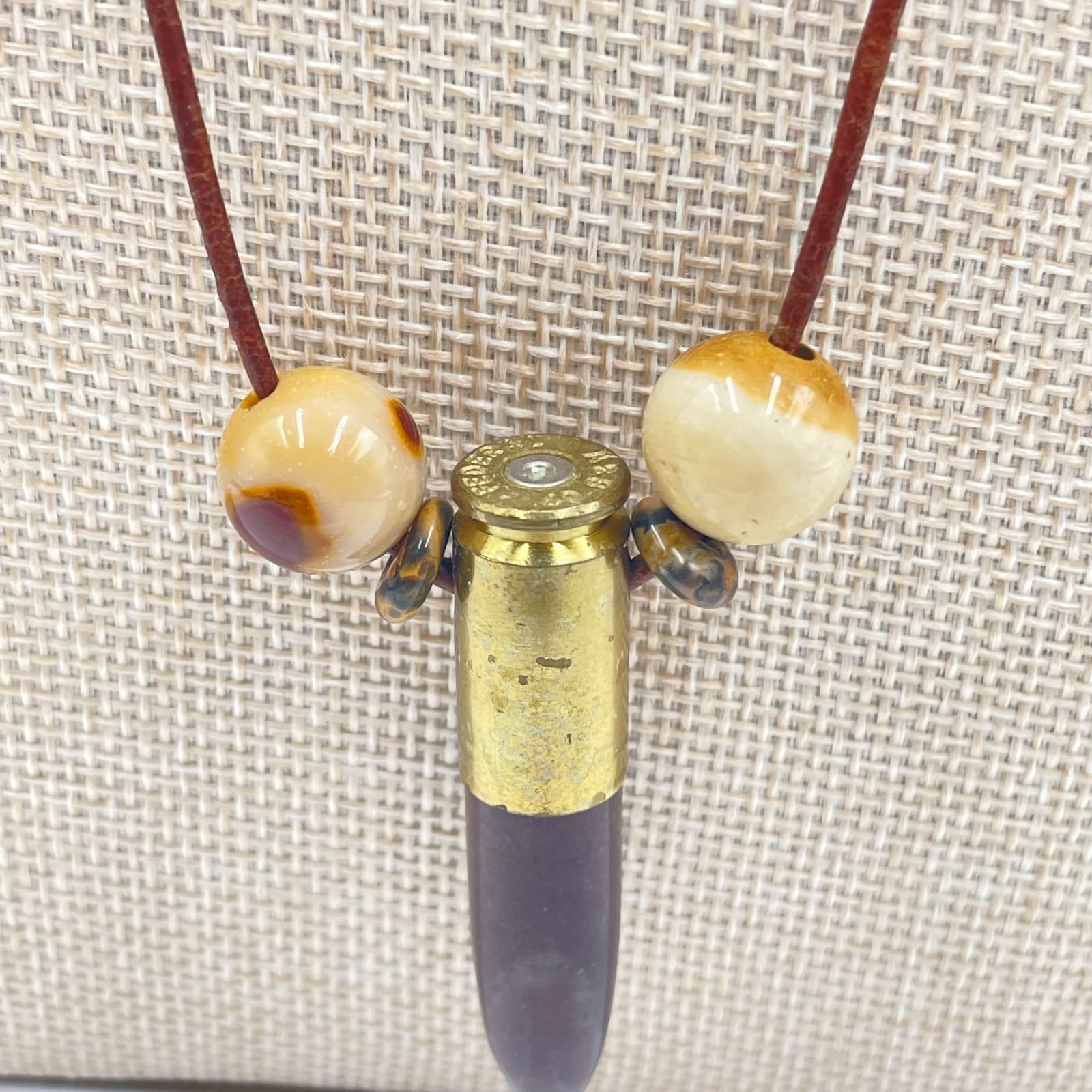 VTG Federal S&W Bullet Casing Pendant Necklace Jasper Stone Bead Leather Toggle - Thumbnail 3