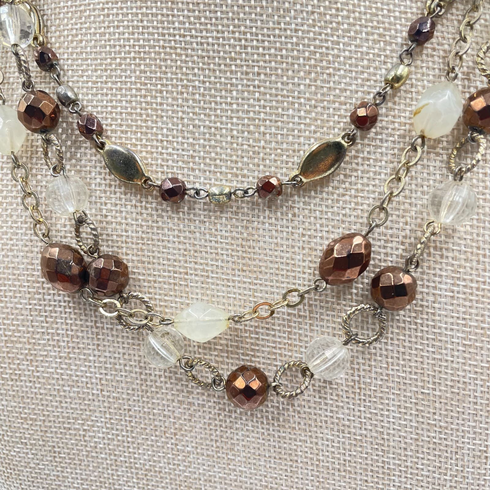 VTG Multi Strand Layered Statement Necklace Bronze Gold Tone Beaded Cluster 20" - Thumbnail 3