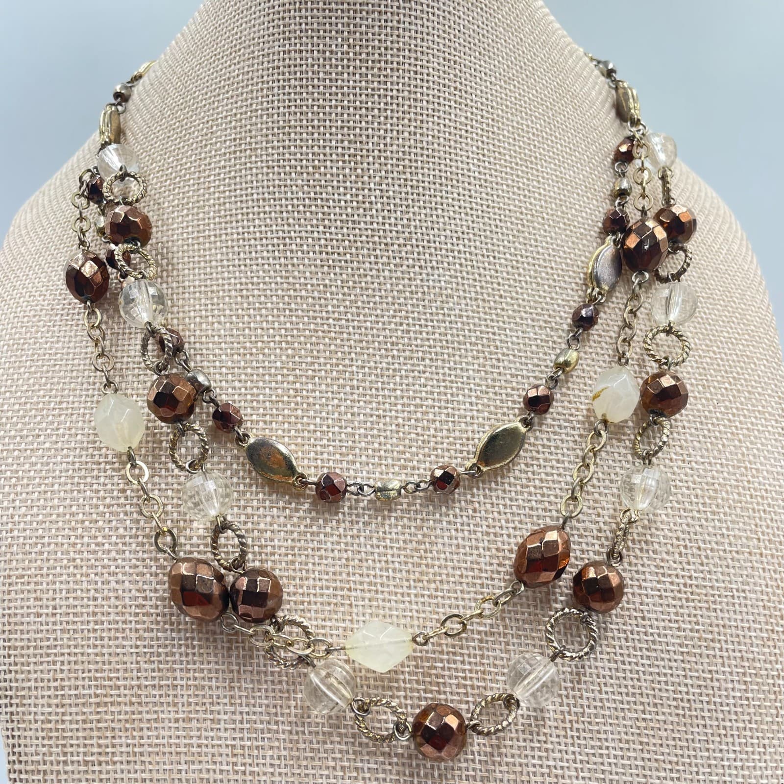 VTG Multi Strand Layered Statement Necklace Bronze Gold Tone Beaded Cluster 20" - Thumbnail 5