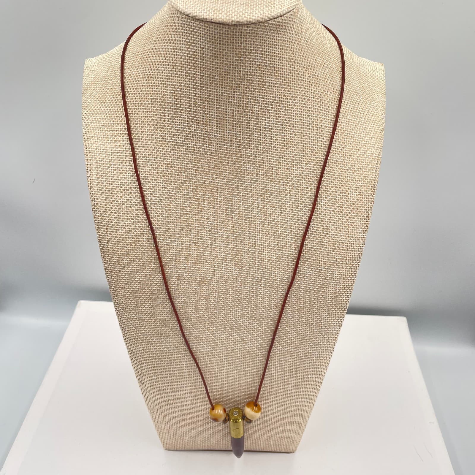 VTG Federal S&W Bullet Casing Pendant Necklace Jasper Stone Bead Leather Toggle