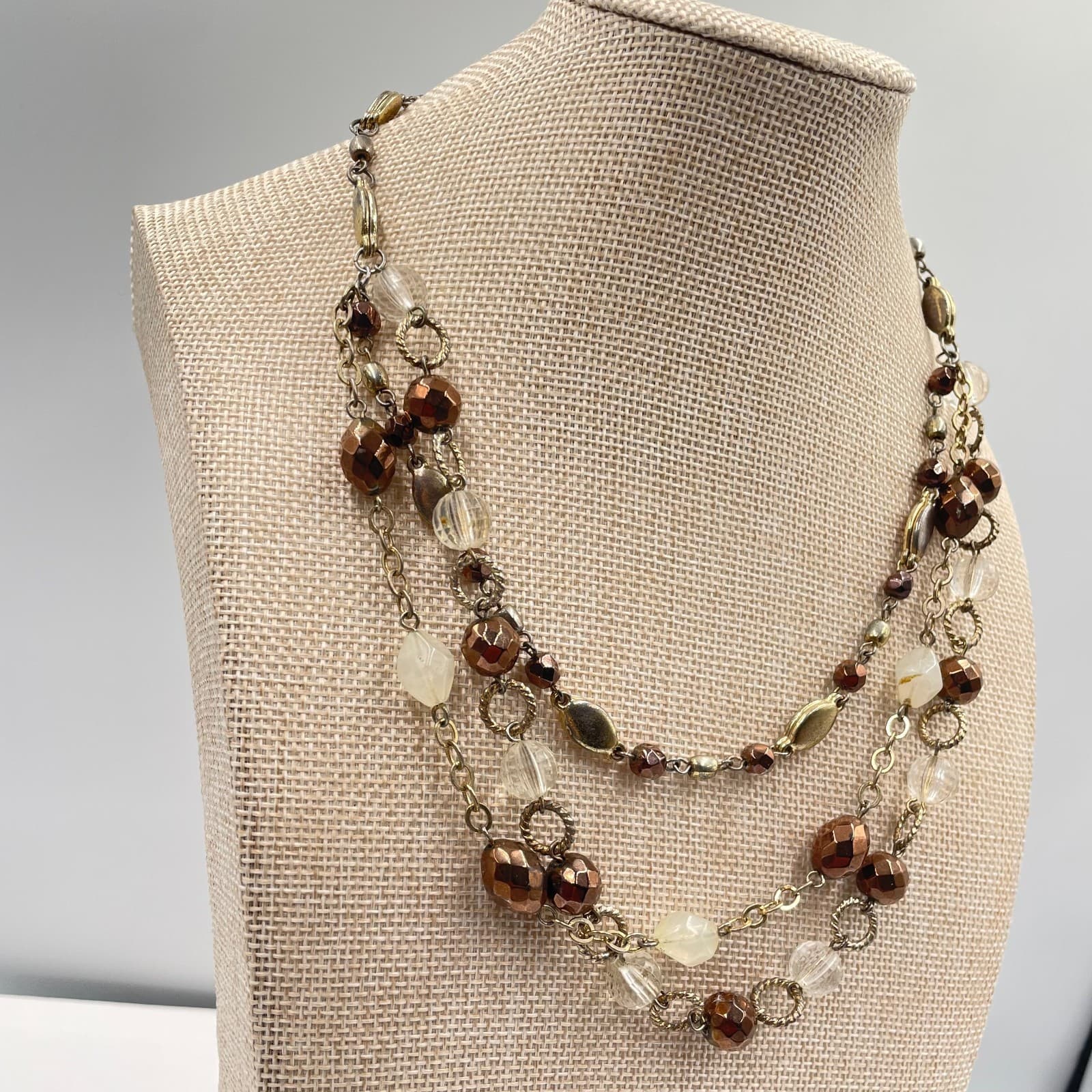 VTG Multi Strand Layered Statement Necklace Bronze Gold Tone Beaded Cluster 20" - Thumbnail 4