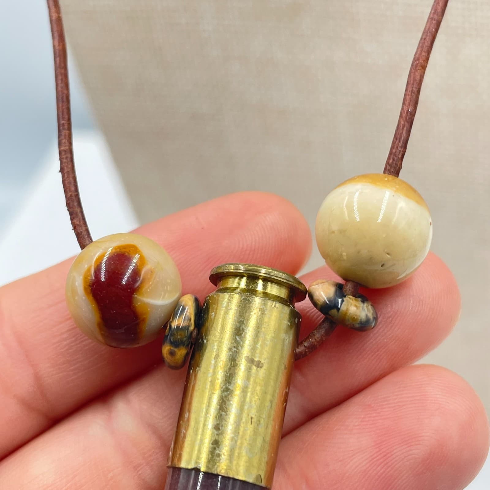 VTG Federal S&W Bullet Casing Pendant Necklace Jasper Stone Bead Leather Toggle - Thumbnail 6