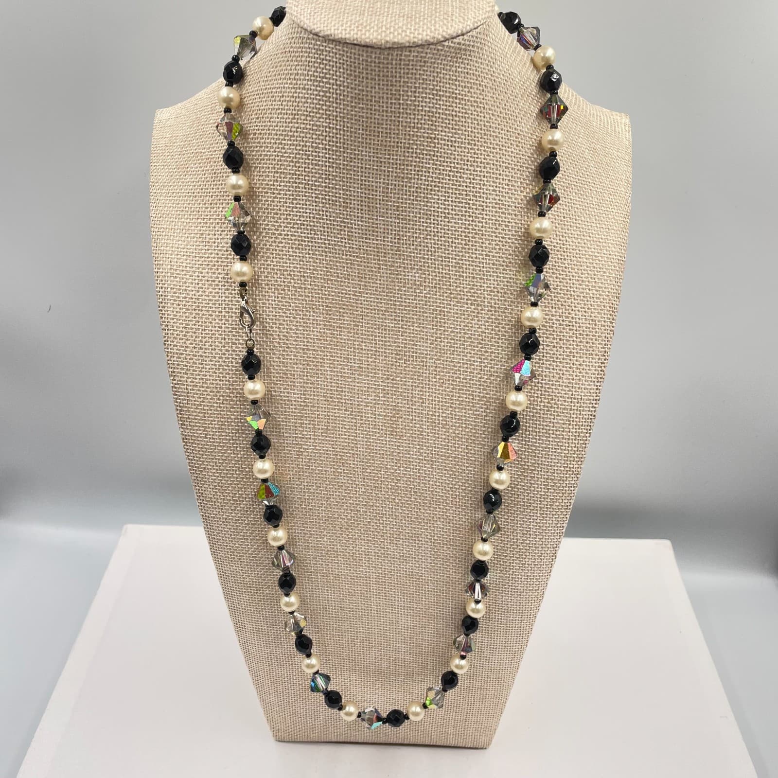 VTG Crystal Pearl Necklace Black Cream Iridescent Bicone Long Beaded