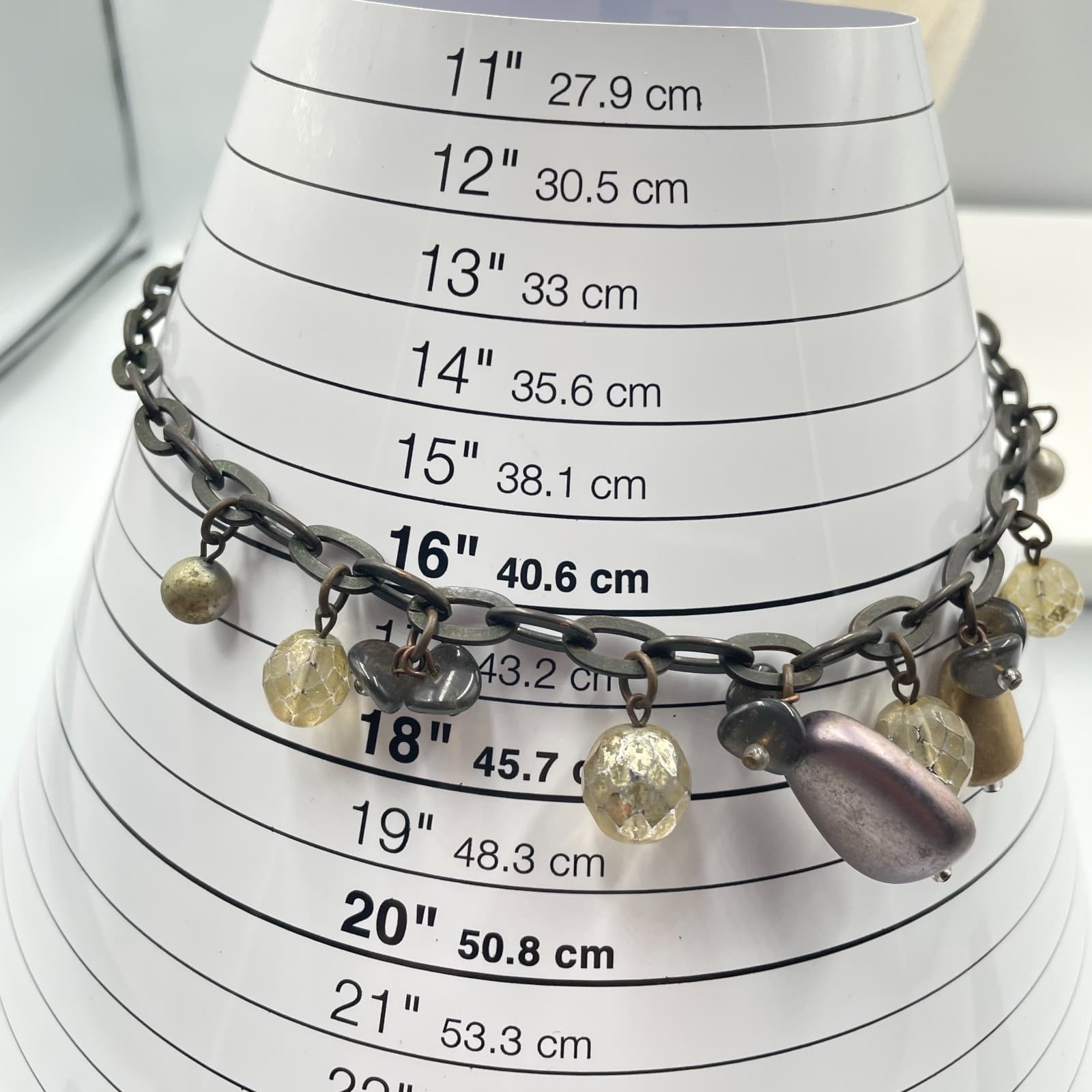 Vintage Mixed Media Charm Necklace Bronze Tone Chain Faceted Glass Resin Chunky - Thumbnail 6