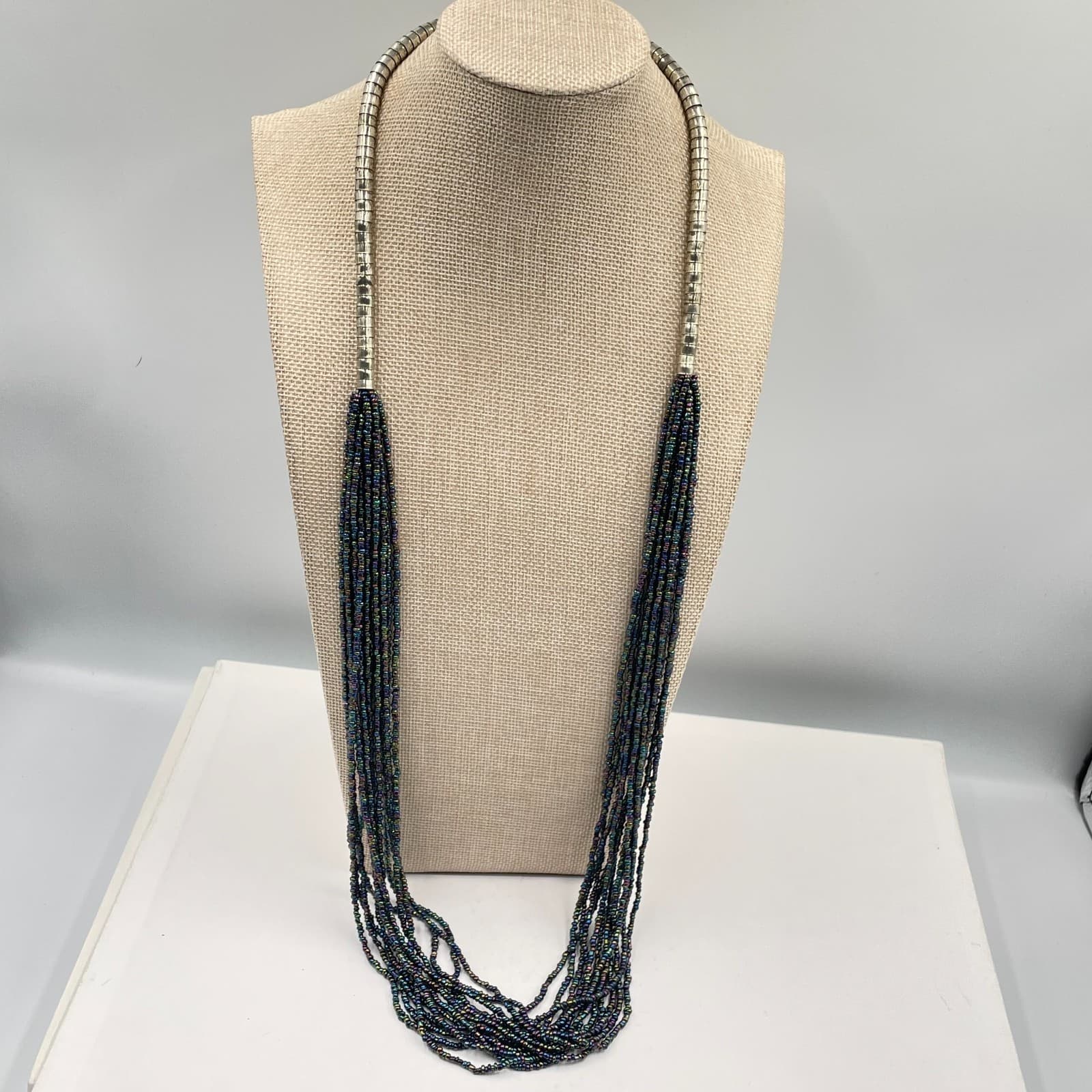 Vintage Multi Strand Liquid Silver Tone Necklace Iridescent Black Seed Bead Boho
