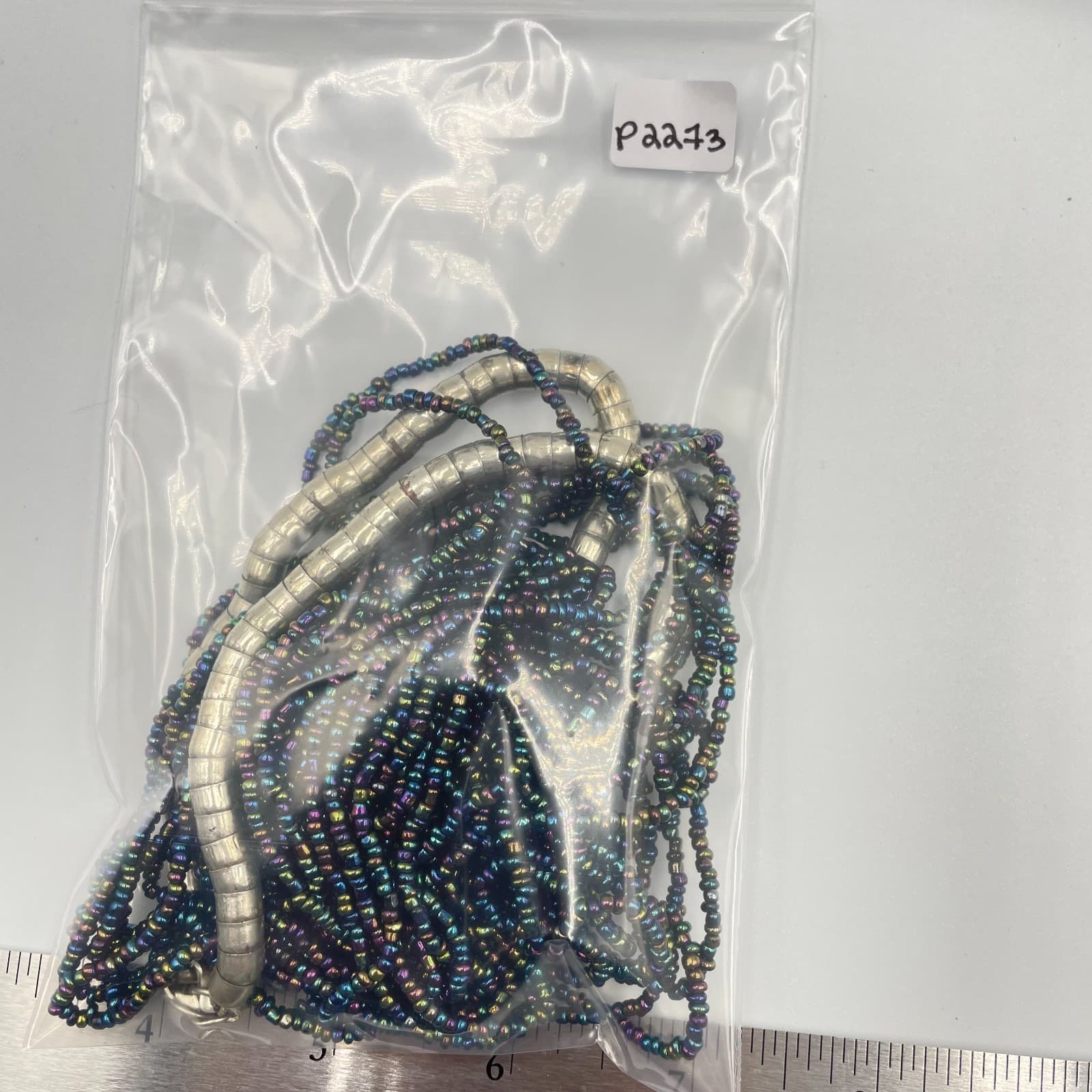 Vintage Multi Strand Liquid Silver Tone Necklace Iridescent Black Seed Bead Boho - Thumbnail 8