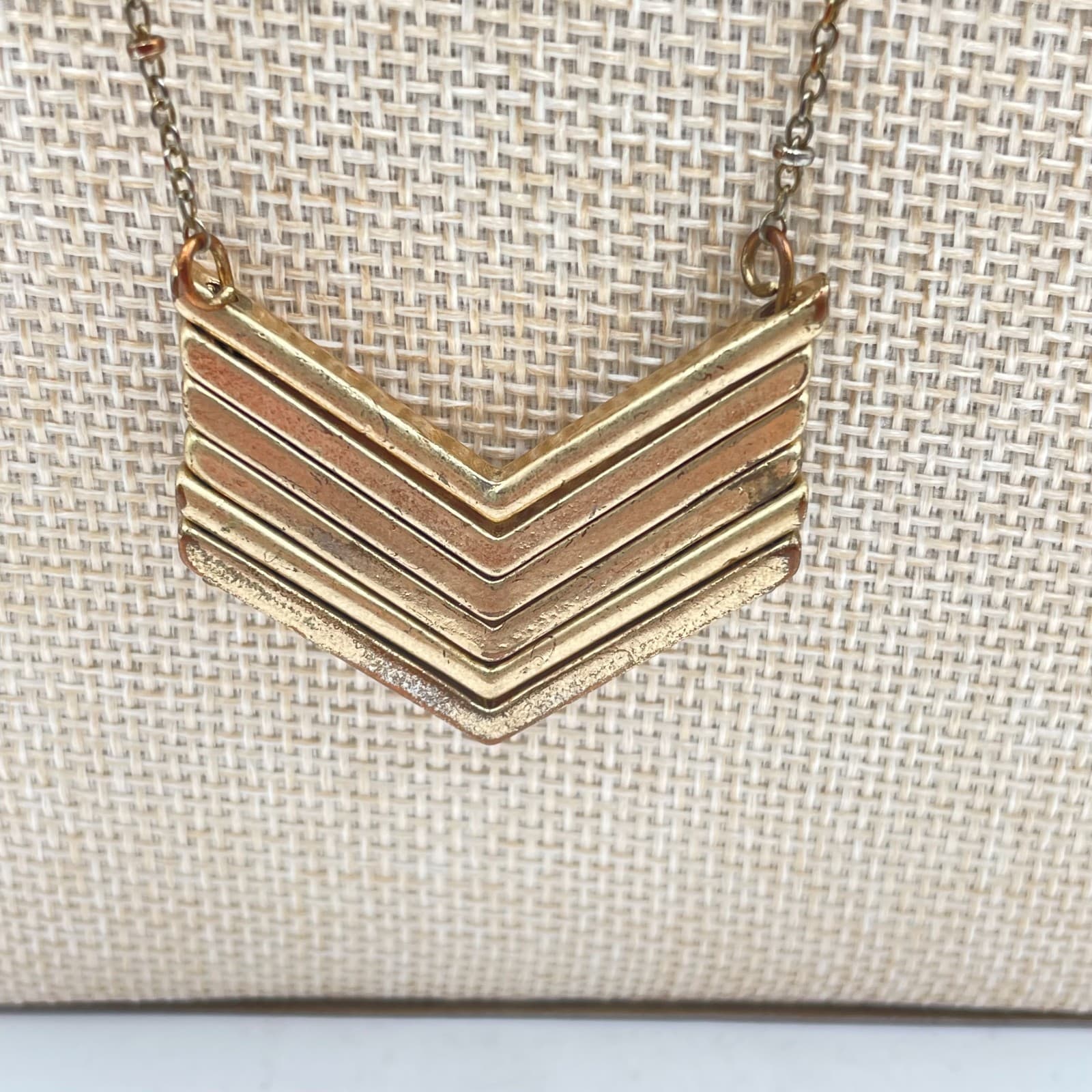 Vintage Gold Tone Chevron Statement Necklace Art Deco Geometric Satellite Chain - Thumbnail 3