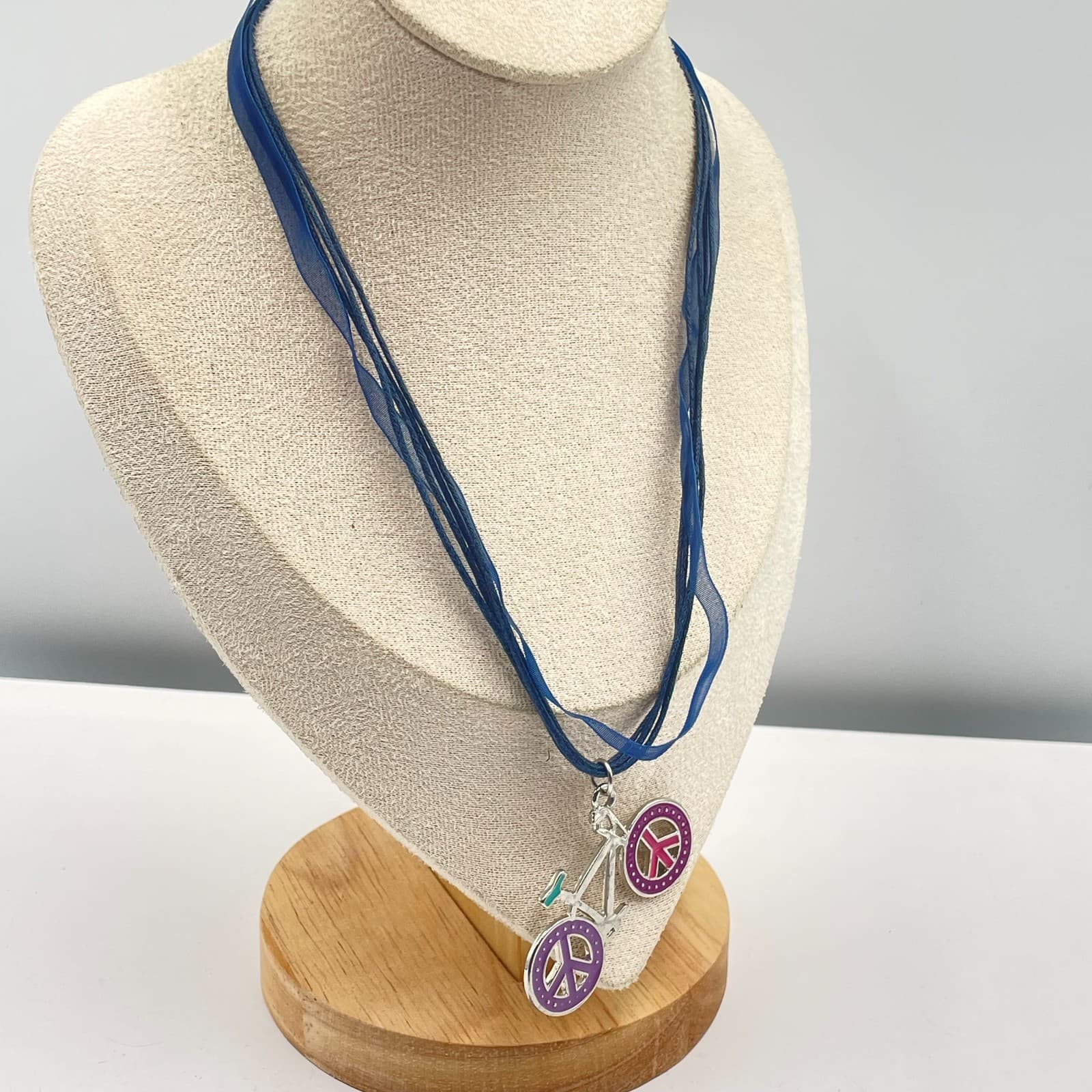 Vintage Peace Sign Bicycle Pendant Necklace Blue Ribbon Cord Multi Strand Boho - Thumbnail 6