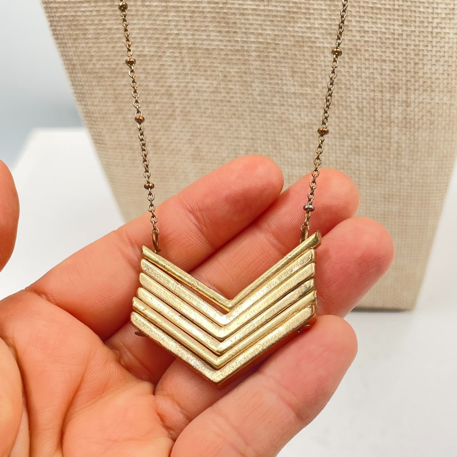 Vintage Gold Tone Chevron Statement Necklace Art Deco Geometric Satellite Chain - Thumbnail 4