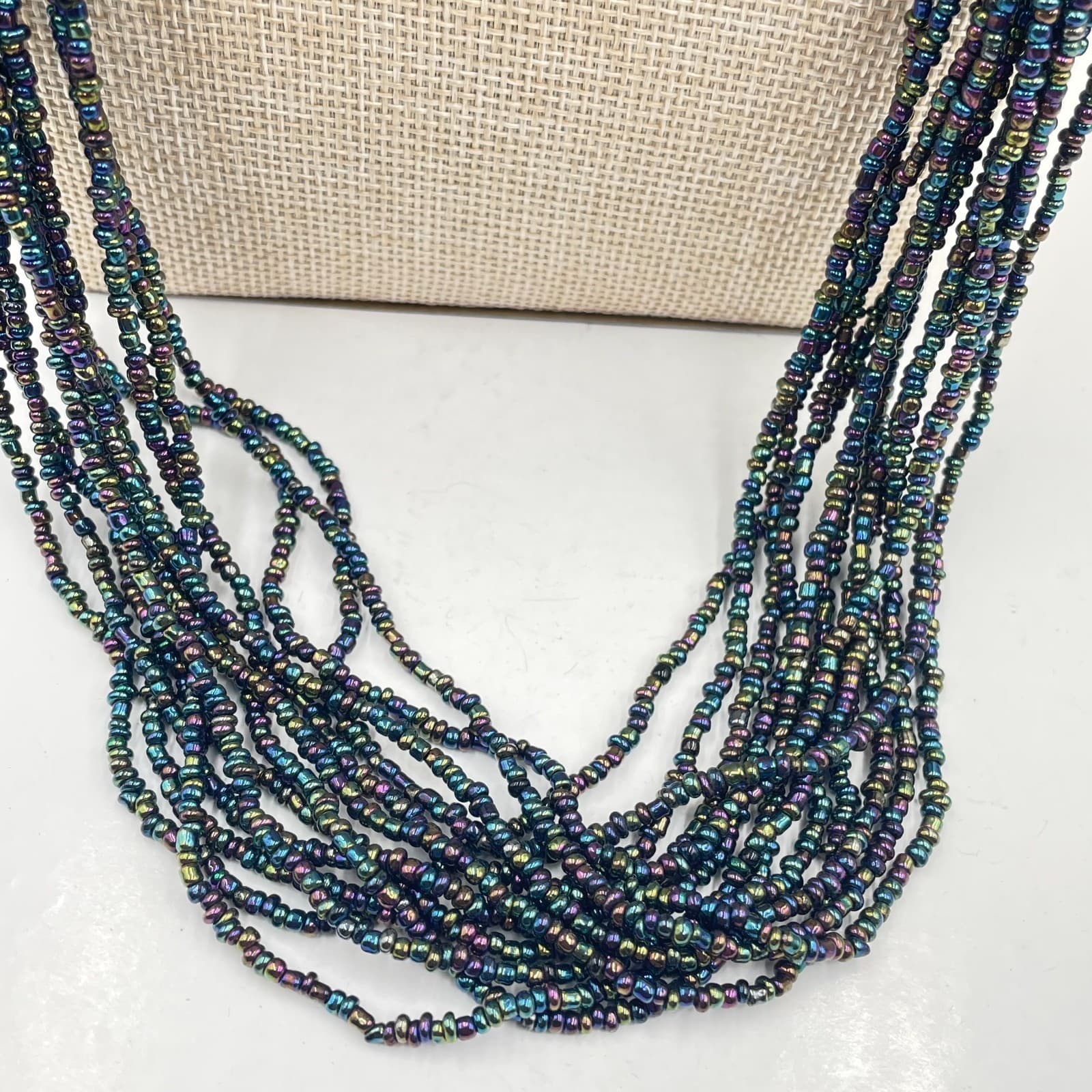 Vintage Multi Strand Liquid Silver Tone Necklace Iridescent Black Seed Bead Boho - Thumbnail 3