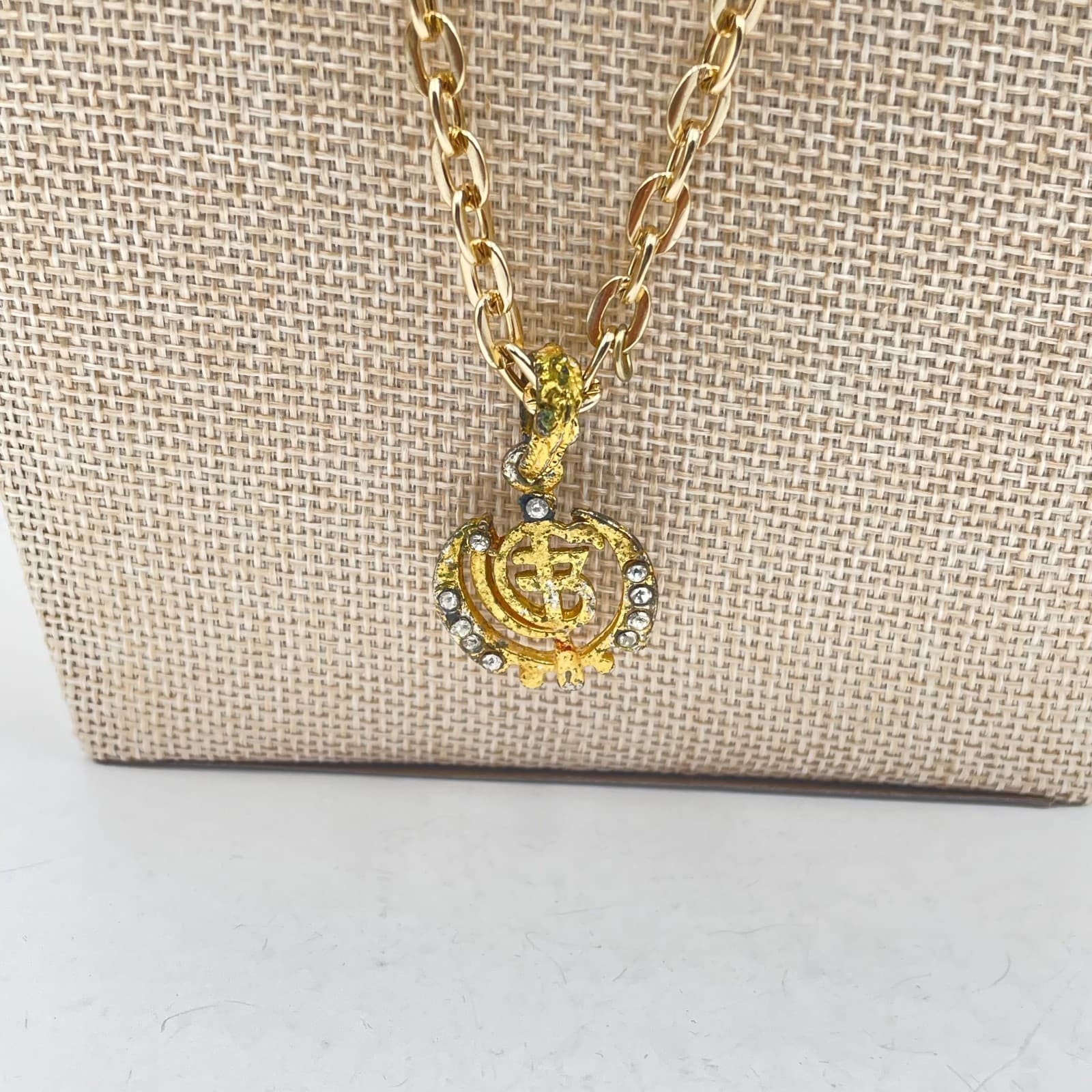 Vintage Gold Khanda Pendant Necklace Sikh Ikon Hip Hop Bling Rhinestone Jewelry - Thumbnail 3