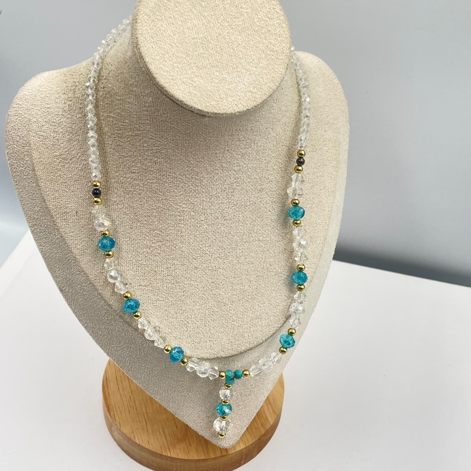 Vintage Beaded Crystal Necklace Blue Turquoise Accents Gold Tone Y-Drop Pendant - Thumbnail 4