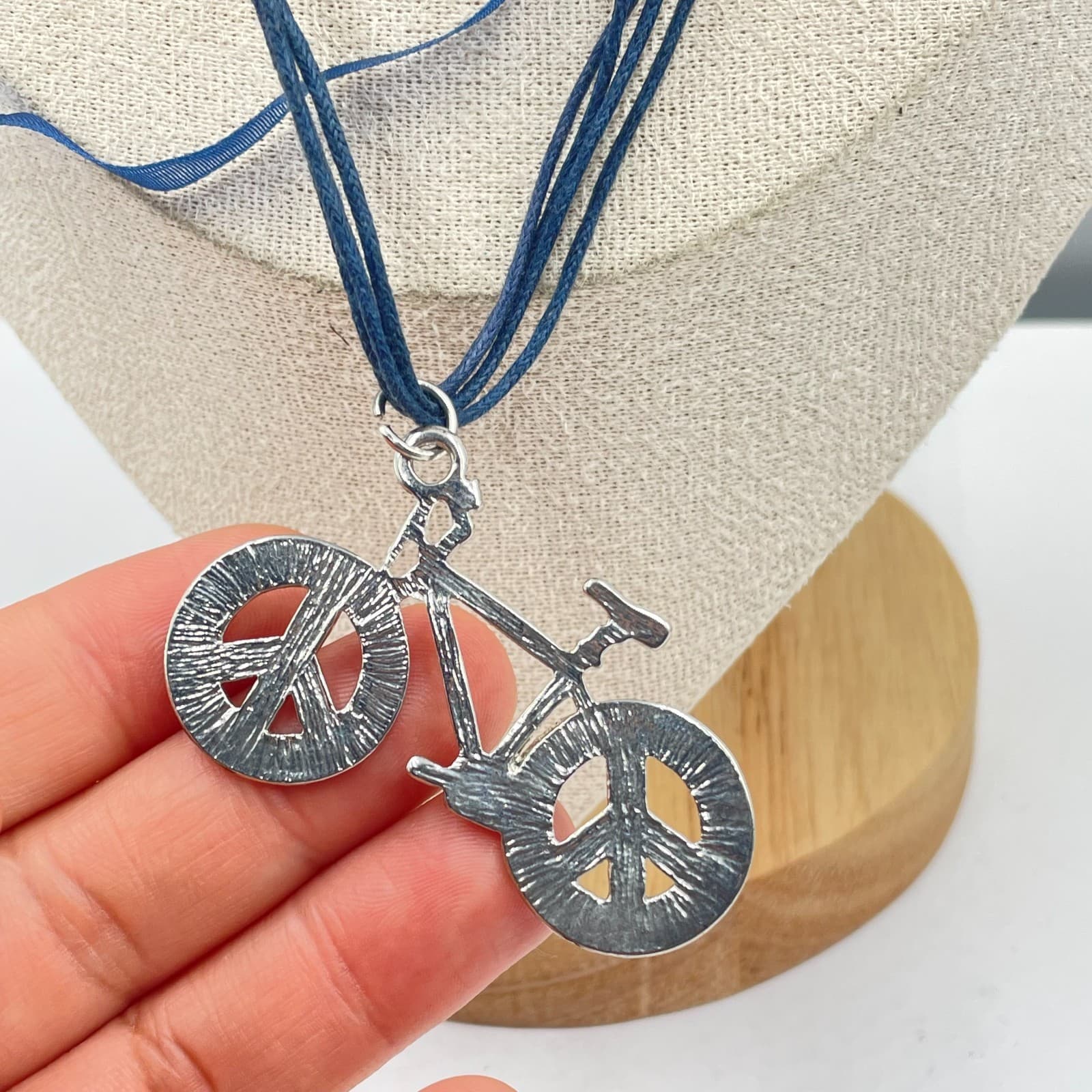 Vintage Peace Sign Bicycle Pendant Necklace Blue Ribbon Cord Multi Strand Boho - Thumbnail 4
