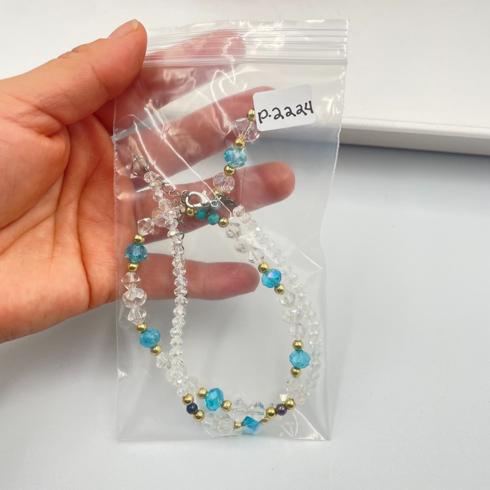 Vintage Beaded Crystal Necklace Blue Turquoise Accents Gold Tone Y-Drop Pendant - Thumbnail 8