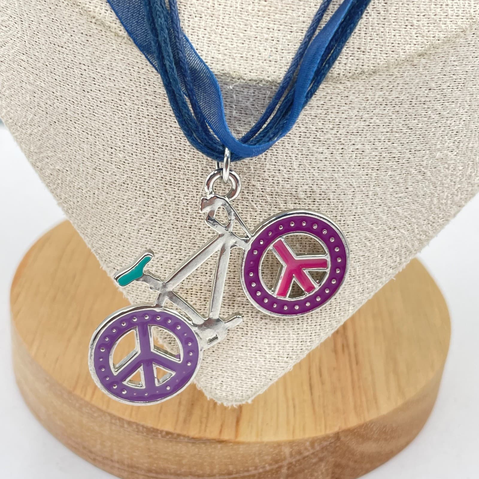 Vintage Peace Sign Bicycle Pendant Necklace Blue Ribbon Cord Multi Strand Boho - Thumbnail 3