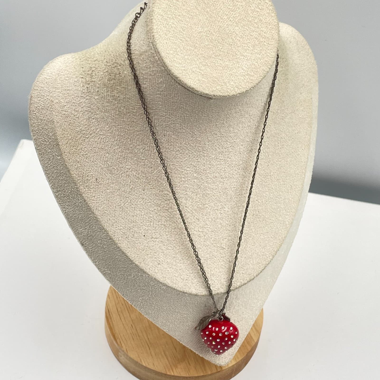 EXPRESS Strawberry Pendant Necklace Red Enamel Crystal Rhinestone Silver Tone - Thumbnail 5