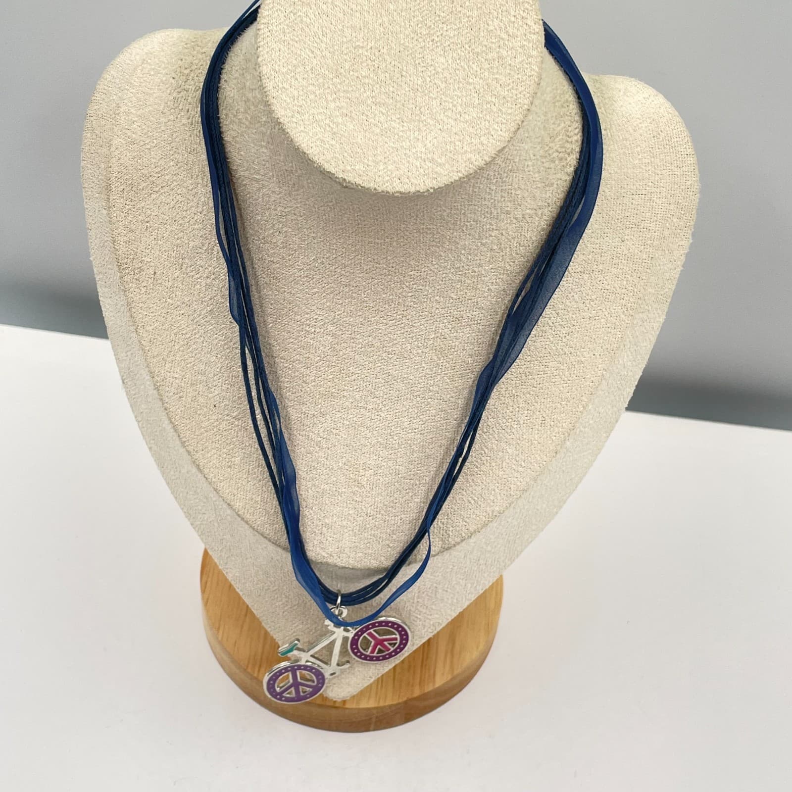 Vintage Peace Sign Bicycle Pendant Necklace Blue Ribbon Cord Multi Strand Boho - Thumbnail 5