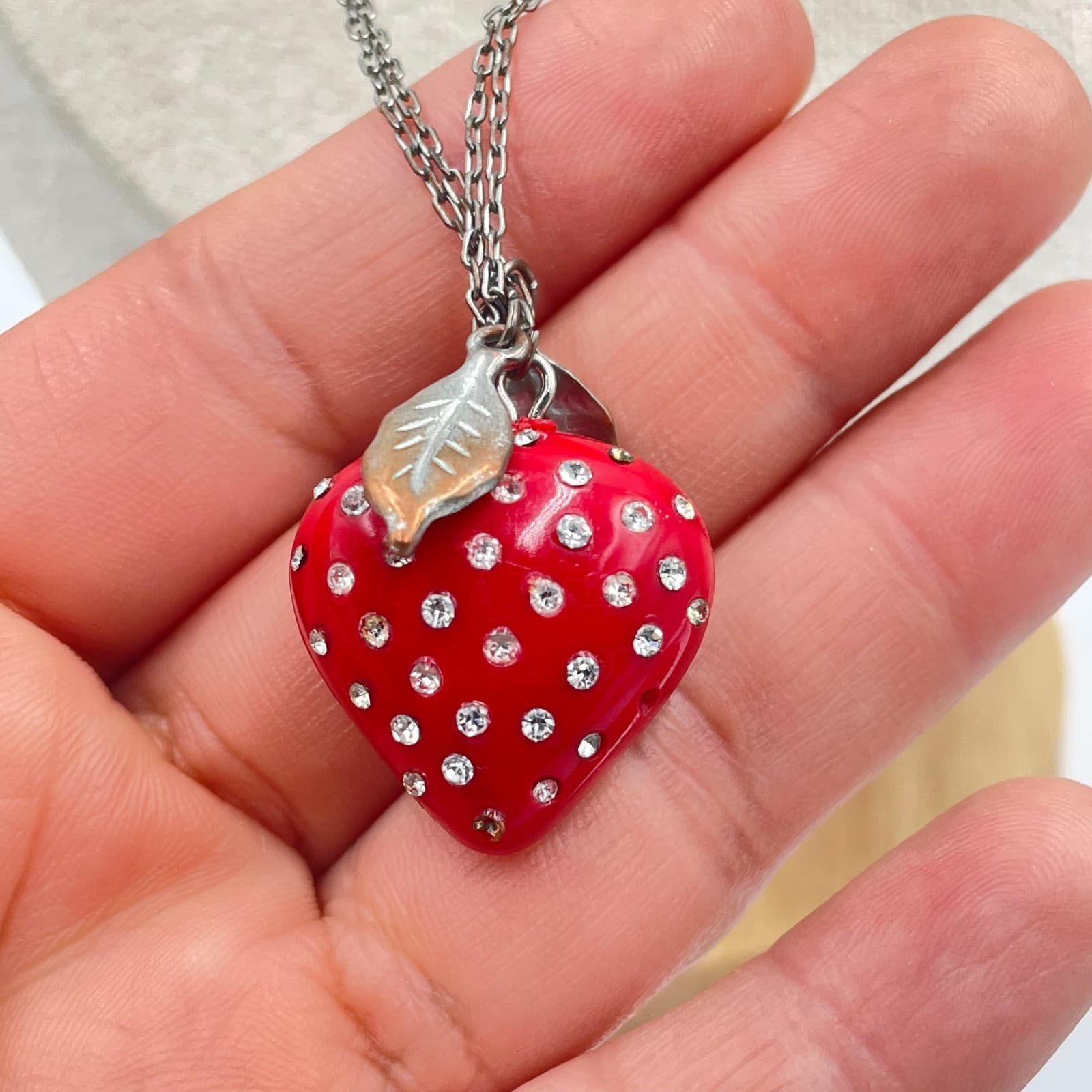 EXPRESS Strawberry Pendant Necklace Red Enamel Crystal Rhinestone Silver Tone - Thumbnail 4
