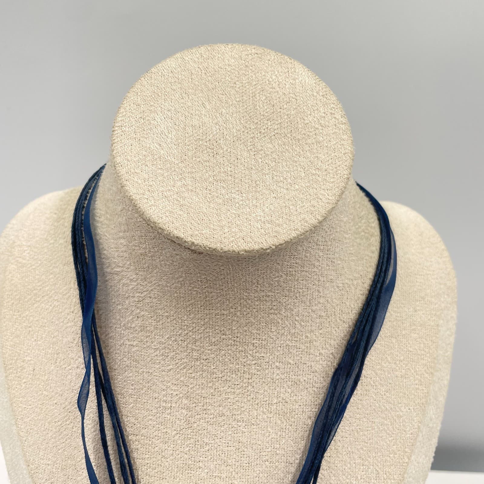 Vintage Peace Sign Bicycle Pendant Necklace Blue Ribbon Cord Multi Strand Boho - Thumbnail 2
