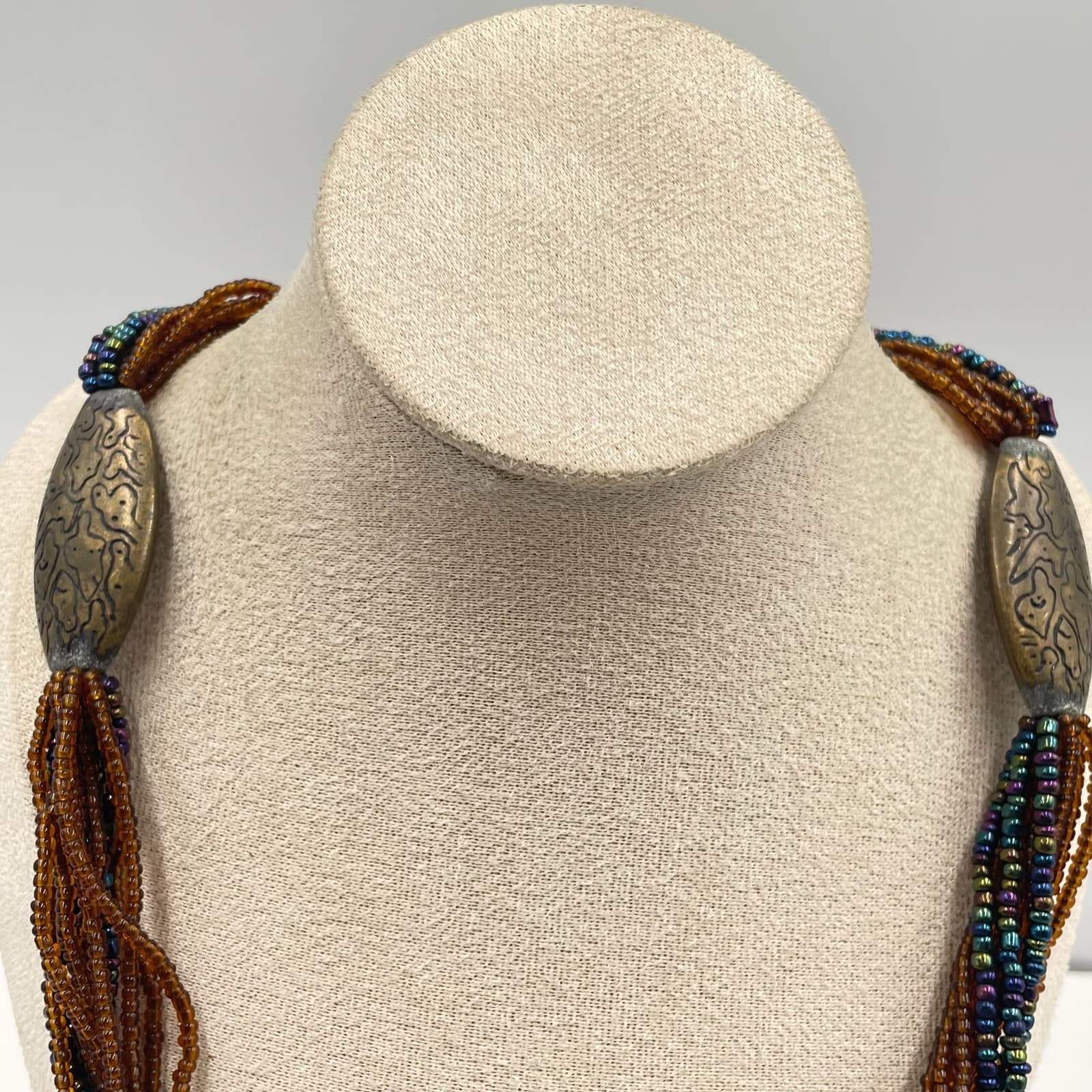 Vintage Boho Multi Strand Seed Bead Necklace Etched Bronze Tone Oval Focal Beads - Thumbnail 2