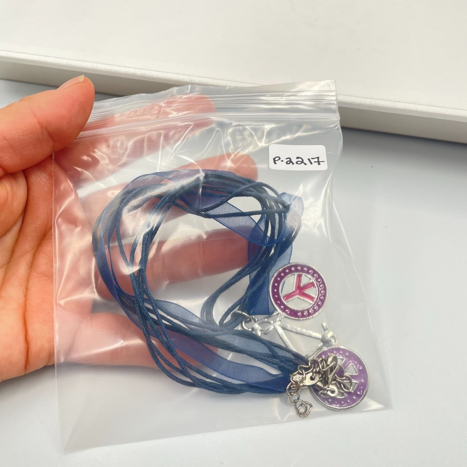 Vintage Peace Sign Bicycle Pendant Necklace Blue Ribbon Cord Multi Strand Boho - Thumbnail 9