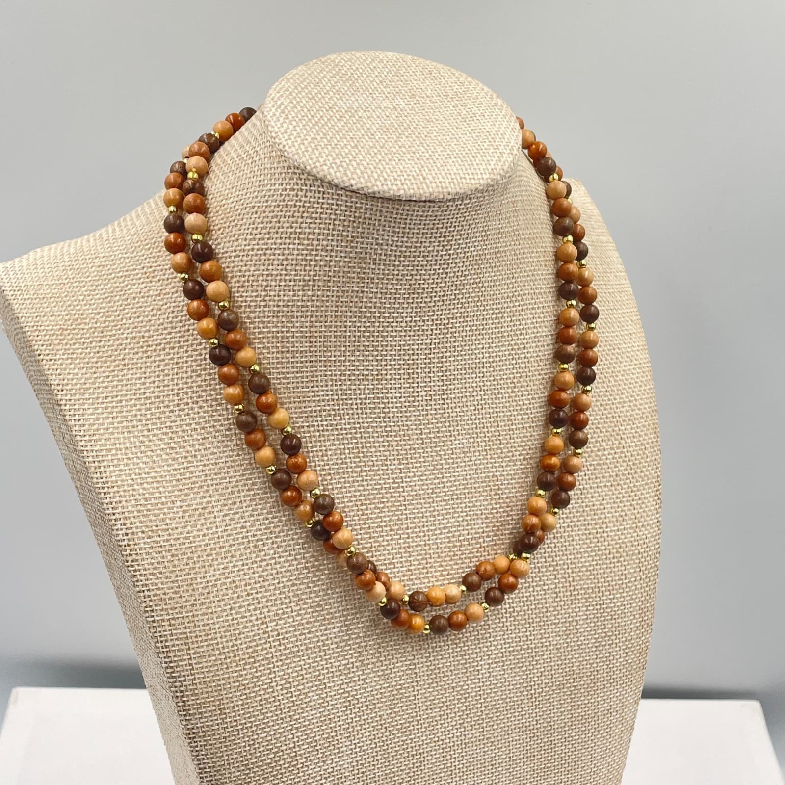 VTG Long Wood Bead Necklace Earthy Brown Neutral Layering Boho Rope Beads - Thumbnail 4