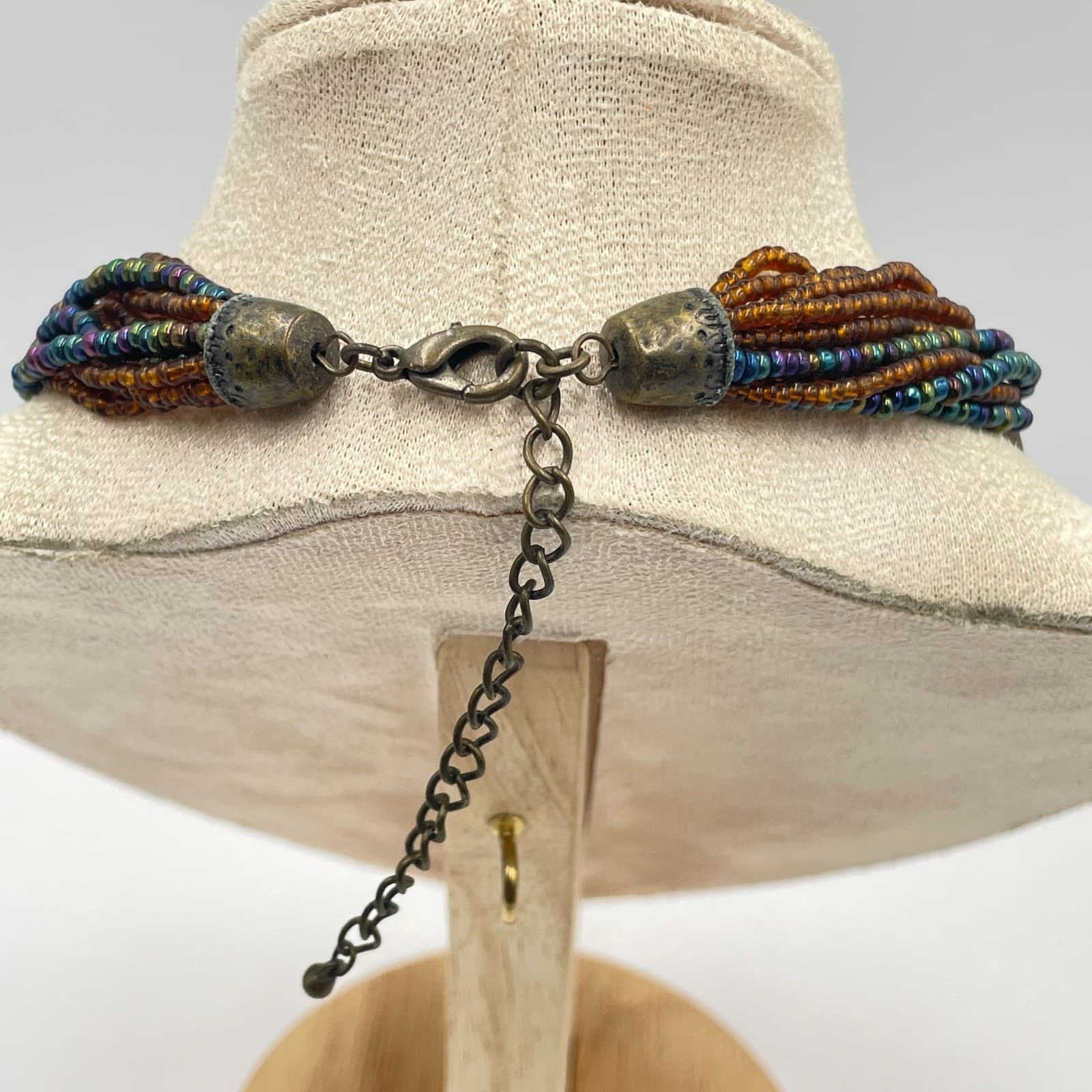 Vintage Boho Multi Strand Seed Bead Necklace Etched Bronze Tone Oval Focal Beads - Thumbnail 7