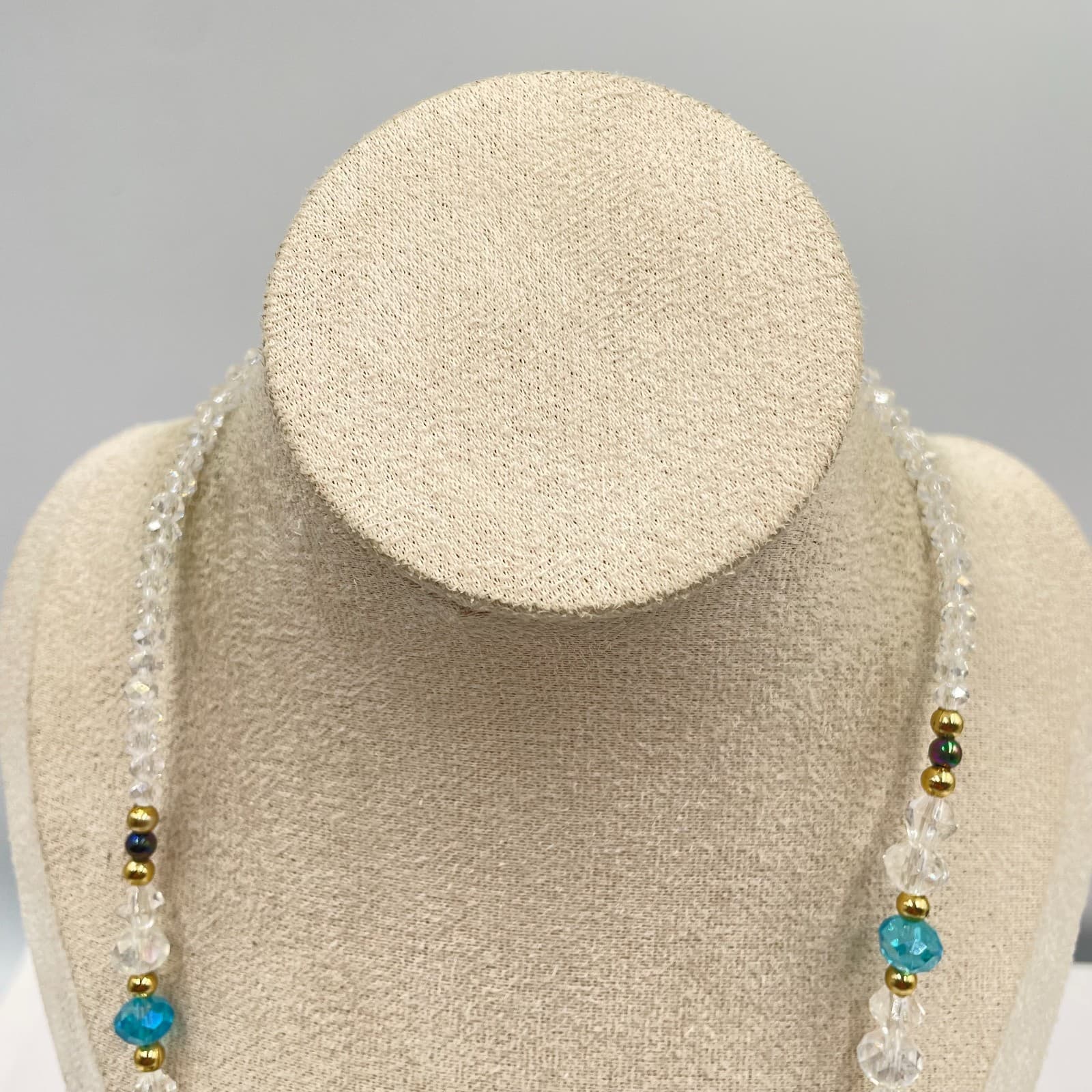 Vintage Beaded Crystal Necklace Blue Turquoise Accents Gold Tone Y-Drop Pendant - Thumbnail 2
