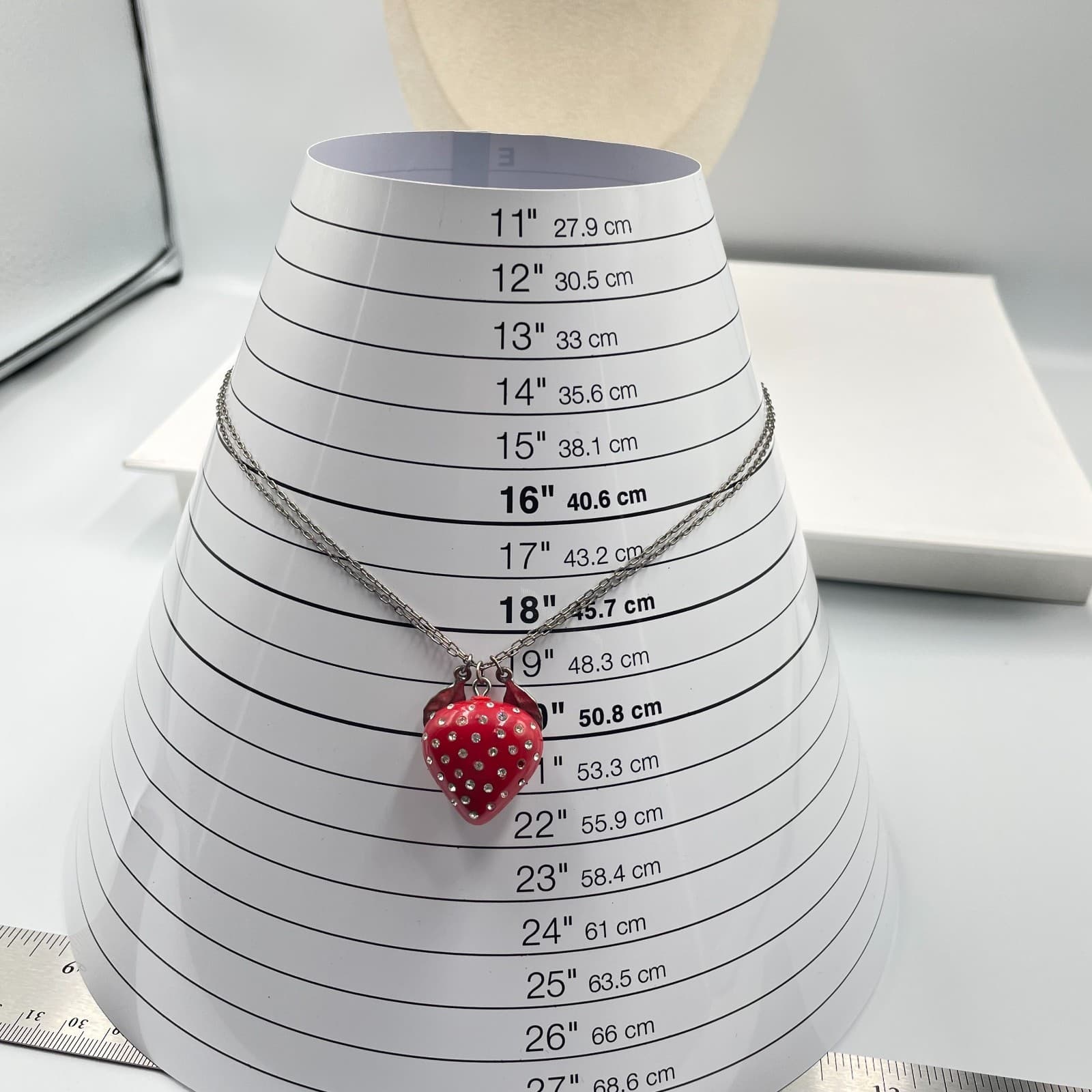 EXPRESS Strawberry Pendant Necklace Red Enamel Crystal Rhinestone Silver Tone - Thumbnail 7