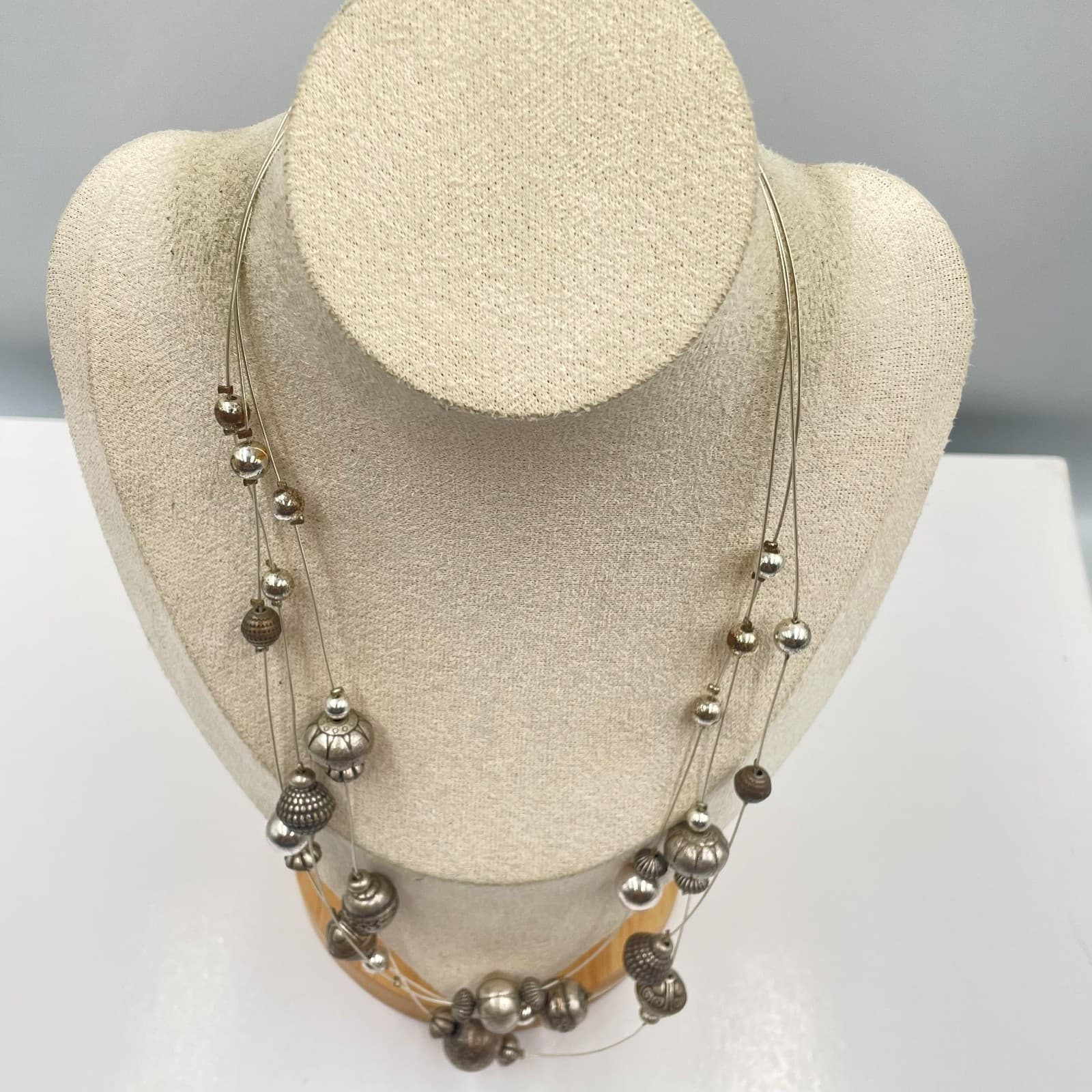 VTG Coldwater Creek Silver Tone Multi Strand Illusion Necklace Metal Boho Beads - Thumbnail 4