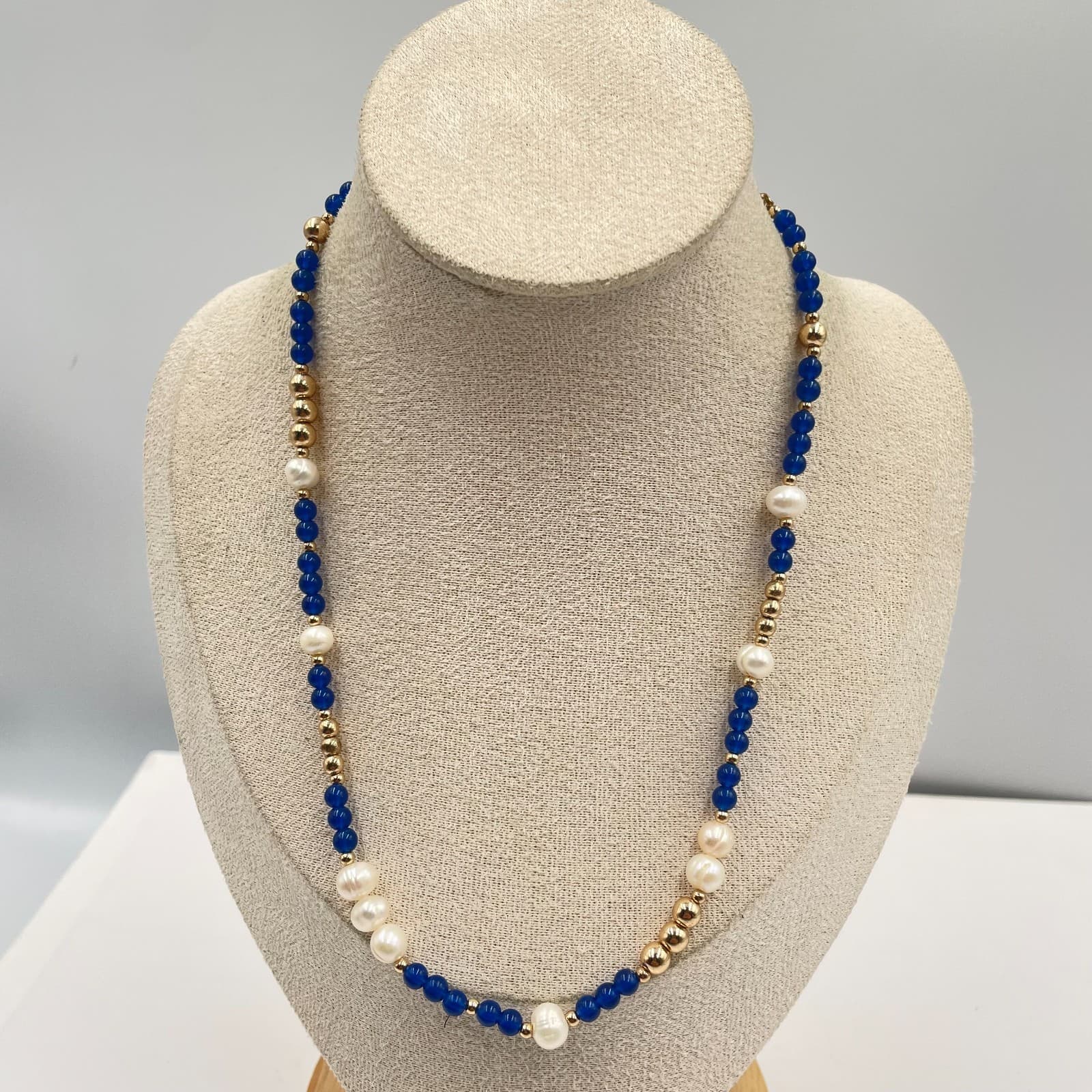 Vintage Lapis Blue Agate Pearl Beaded Necklace Gold Tone Statement Jewelry Gift