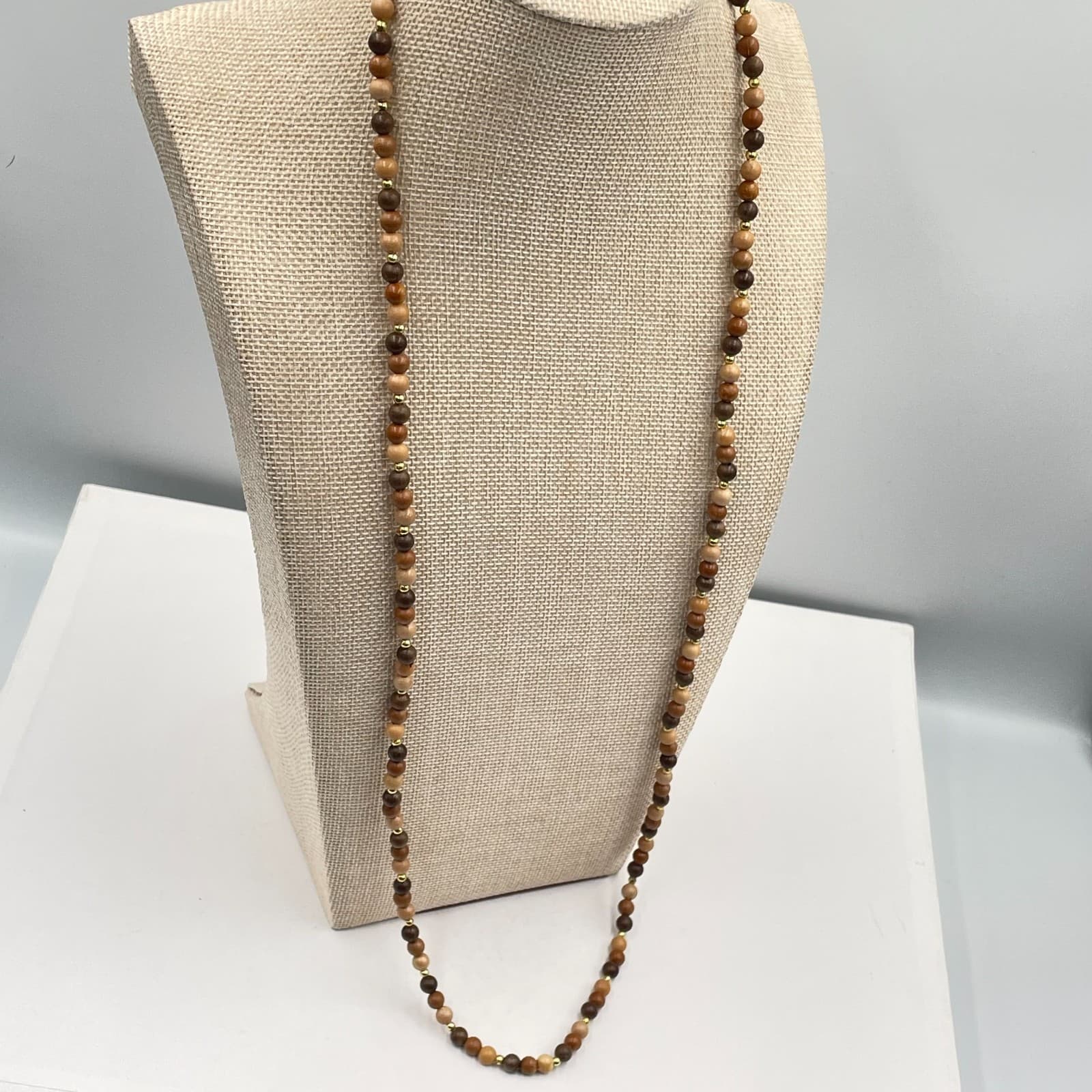 VTG Long Wood Bead Necklace Earthy Brown Neutral Layering Boho Rope Beads - Thumbnail 6