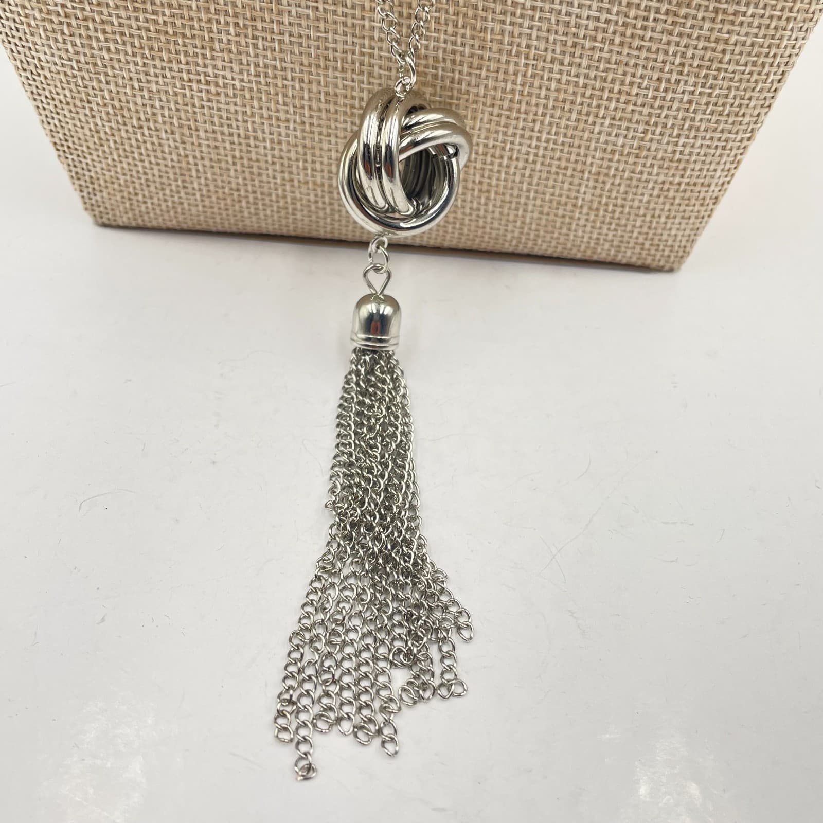 VTG Silver Knot Tassel Necklace Multi Strand Chain Statement Pendant Boho Women - Thumbnail 3