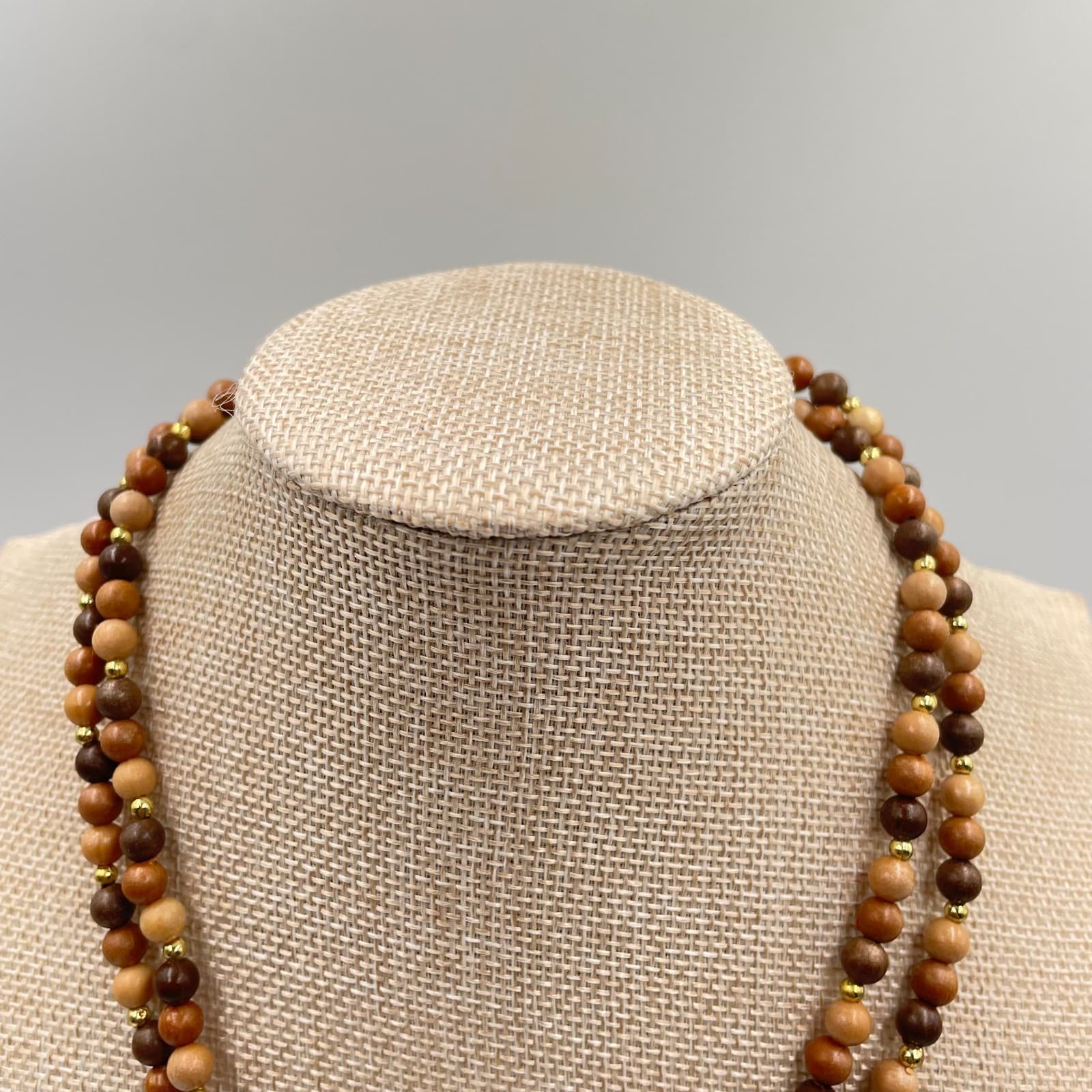 VTG Long Wood Bead Necklace Earthy Brown Neutral Layering Boho Rope Beads - Thumbnail 2