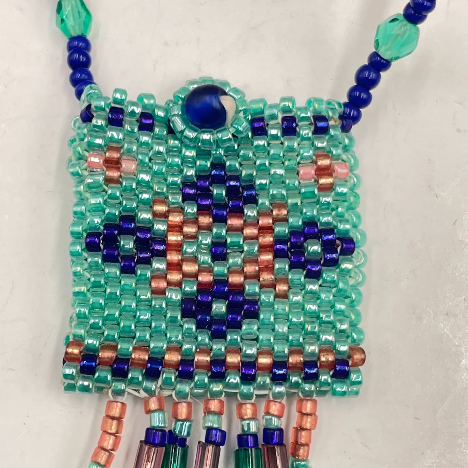 Handmade Beaded Pendant Necklace Boho Seed Bead Geometric Teal Pink Glass Fringe - Thumbnail 5