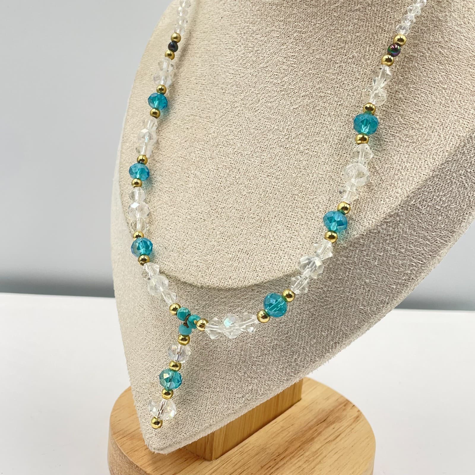 Vintage Beaded Crystal Necklace Blue Turquoise Accents Gold Tone Y-Drop Pendant - Thumbnail 5