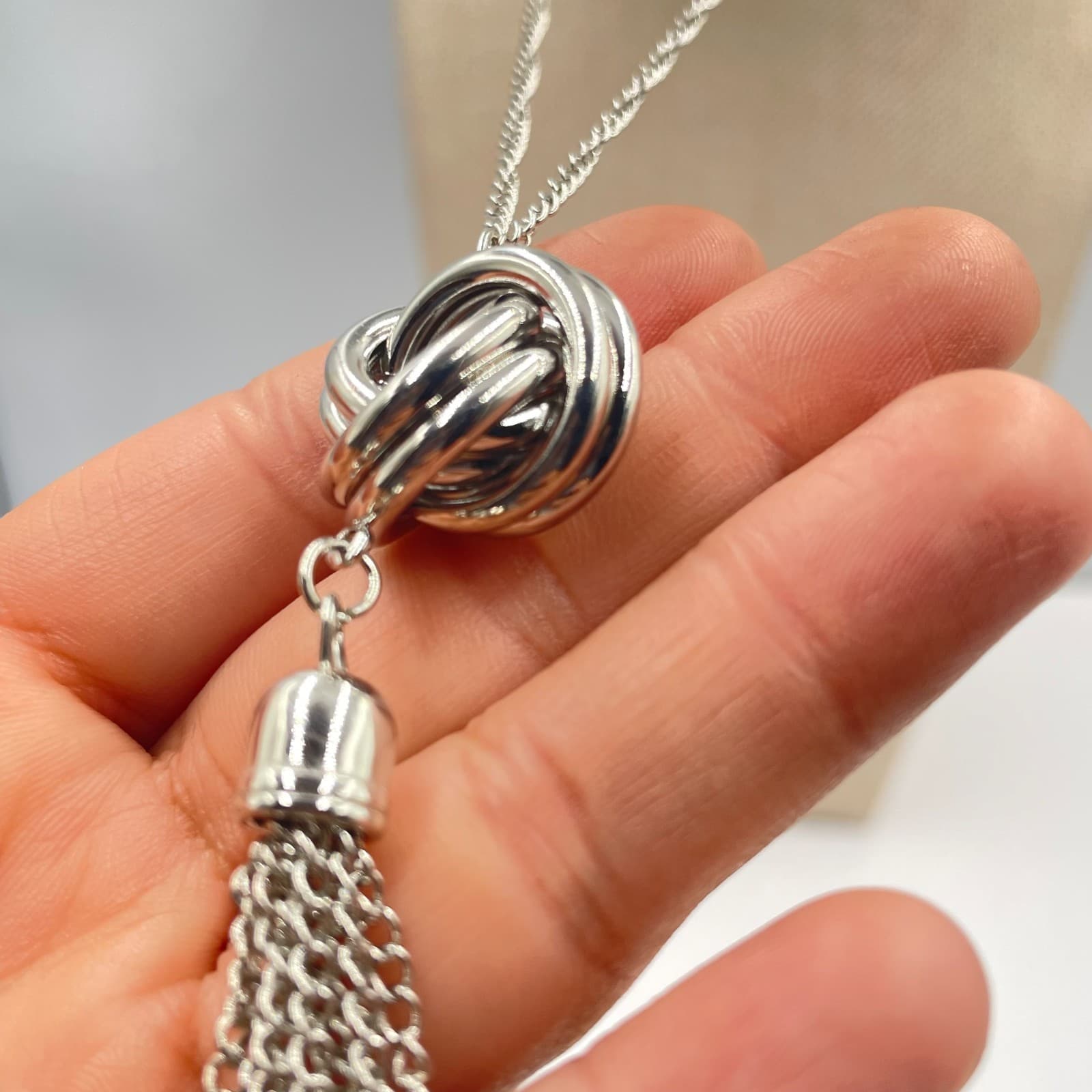 VTG Silver Knot Tassel Necklace Multi Strand Chain Statement Pendant Boho Women - Thumbnail 5
