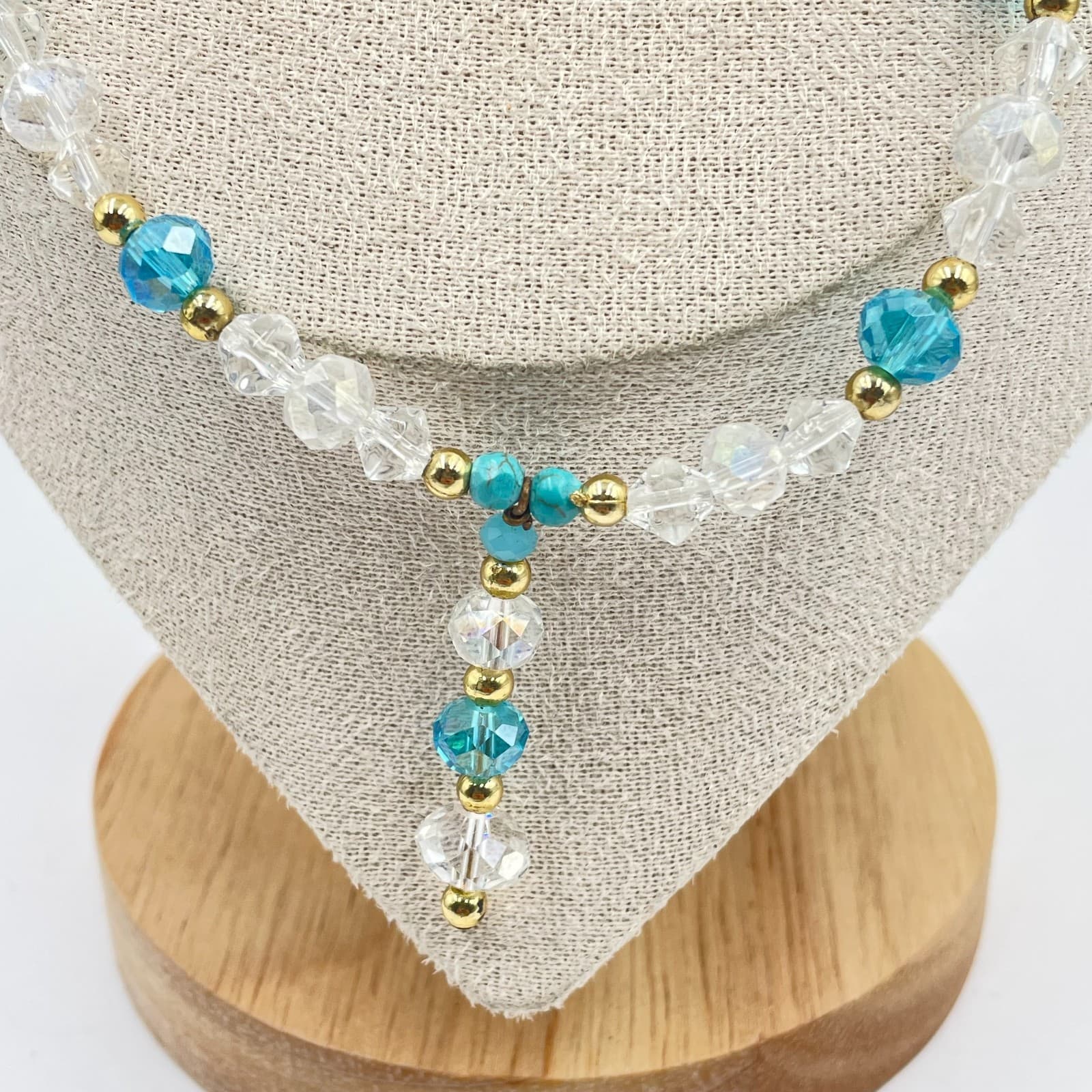 Vintage Beaded Crystal Necklace Blue Turquoise Accents Gold Tone Y-Drop Pendant - Thumbnail 3